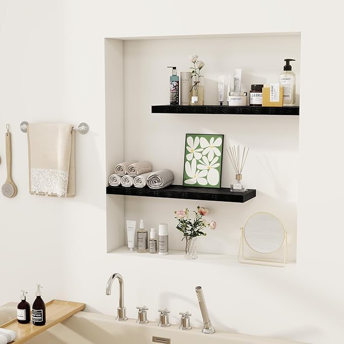 Fun Memories Deep Black Floating Shelf, 22.5" W x 6.5" D Rustic Wood Wall Shelf
