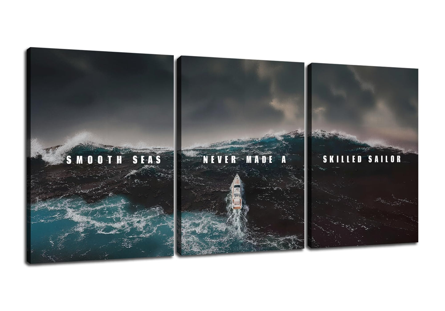 PSYYSP 3 Panel Canvas Prints Motivational Wall Art, Smooth Seas Never Made a Skilled Sailor Quote with Stormy Ocean Boat Scene for Living Room Office, Framed Canvas 60x28 Inch