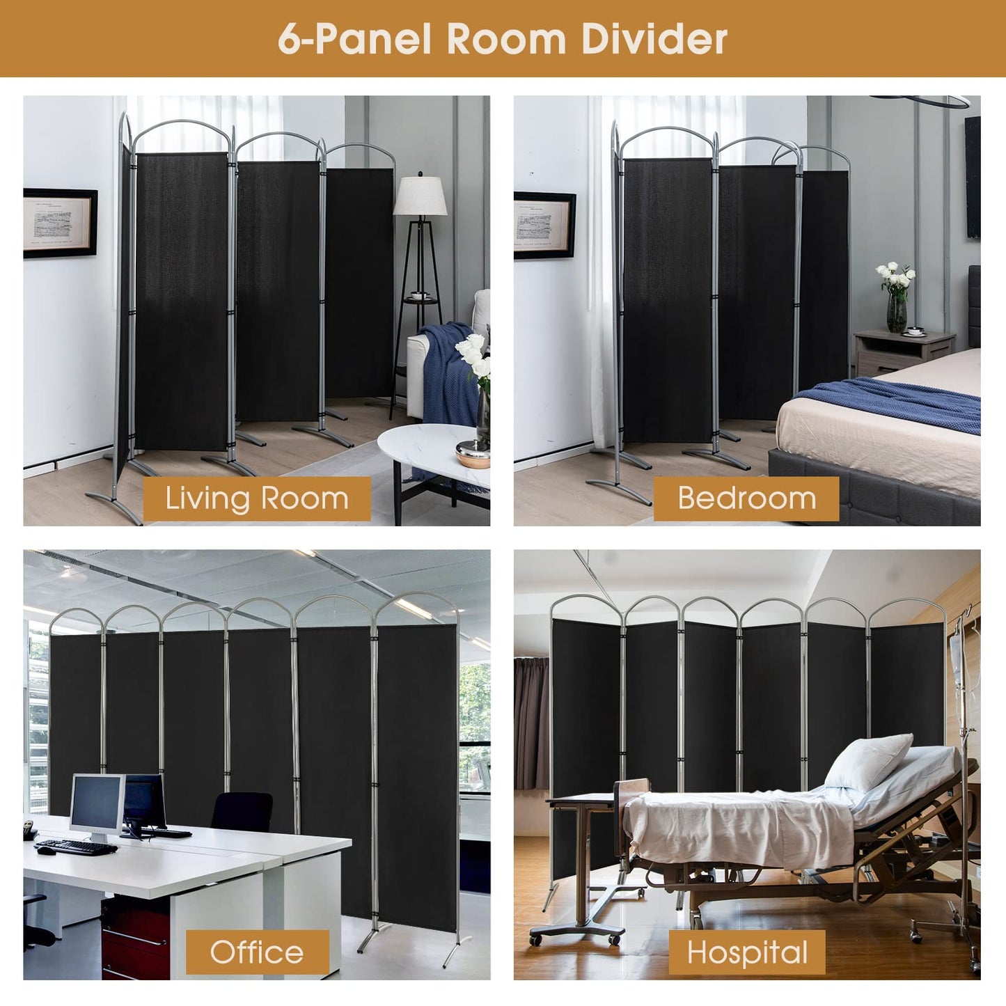 Giantex 6.2Ft Folding 6-Panel Room Divider Black- 130" Wide Freestanding Foldable Fabric Privacy Screen, Lightweight Portable Partition Wall Divider and Separator for Home Office, Apartment, Studio