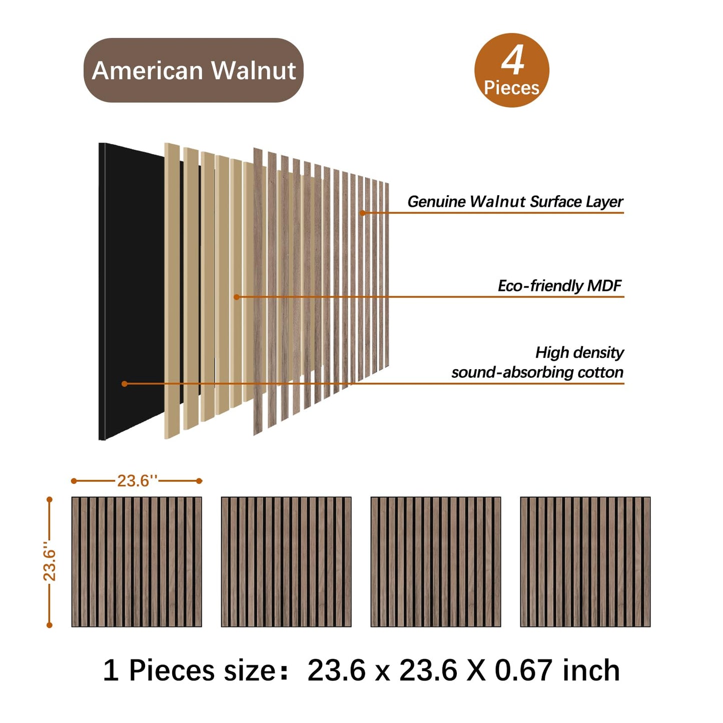 ARMURO Wood Slat Wall Panel - 4 PCS Walnut Wood Panels for Wall, Natural Wood Veneer Acoustic Slat Wood Wall Panels - Wood Slats for Wall Soundproof Wood Panels 23.6" W x 23.6" L