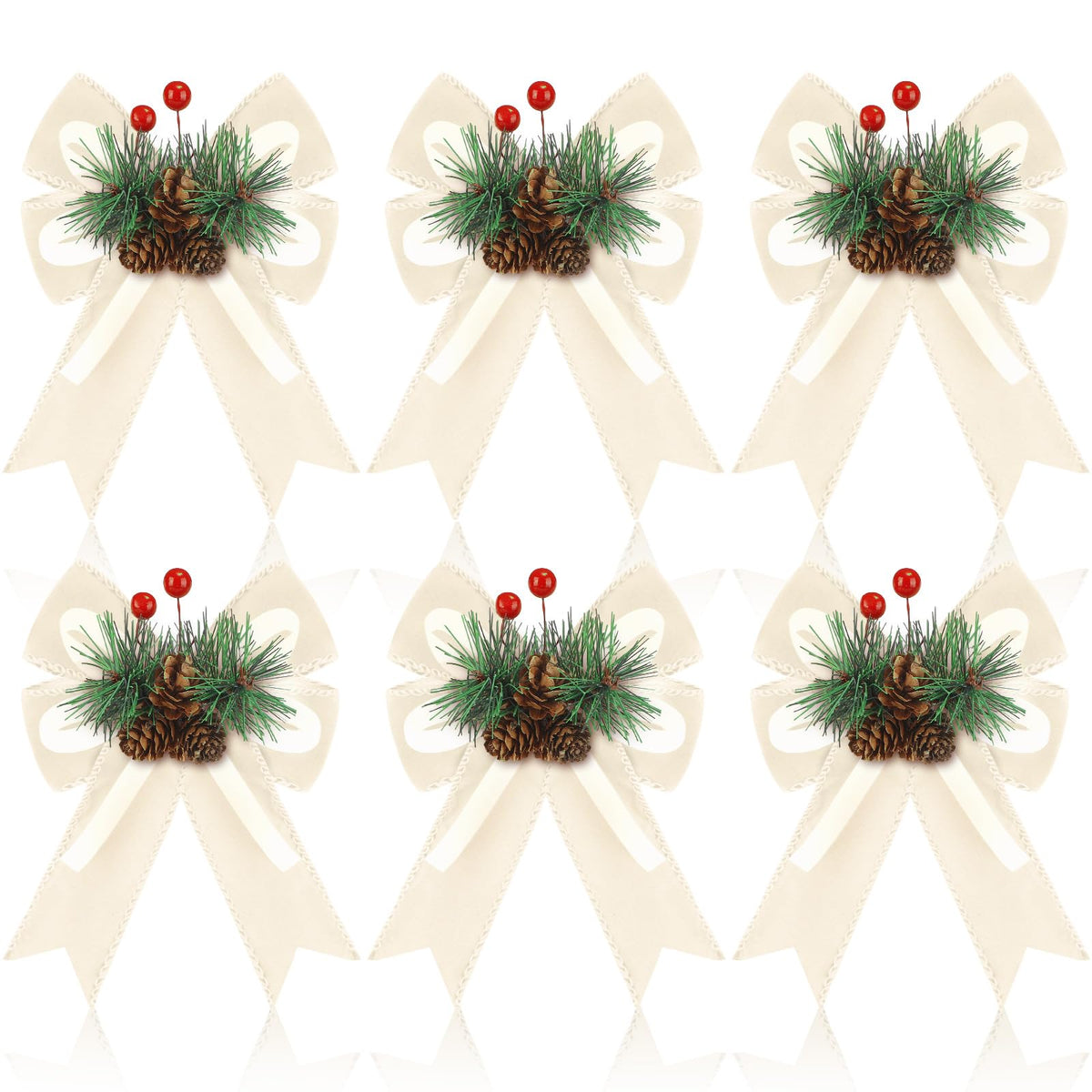 Syhood 6 Pcs Christmas Velvet Bow with Pine Cones Pine Needles Berries Xmas Champagne Ribbon Bow Ornaments 6.3 x 5.1 Inch for Christmas Tree Wreath Garden Fireplace Crafts DIY Decor