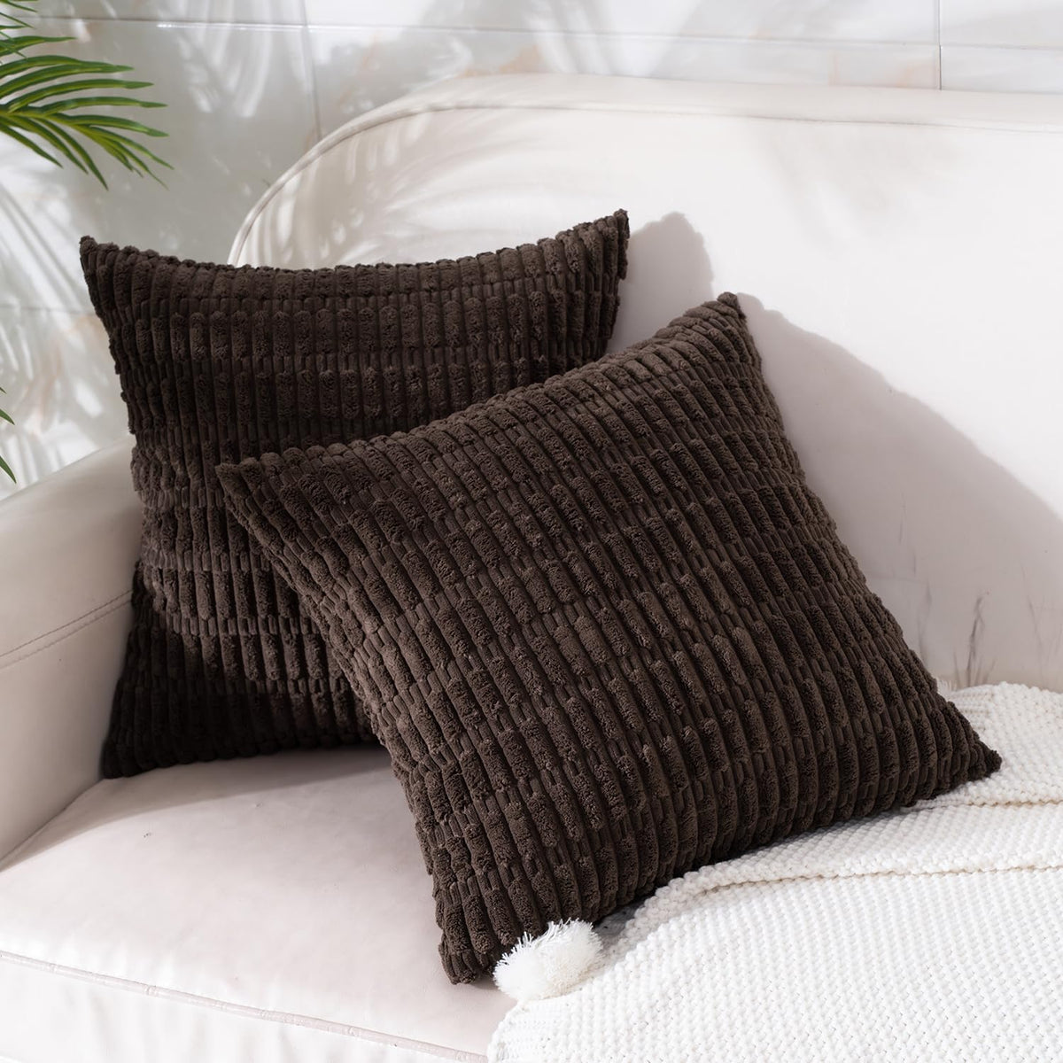 Smile of hope Pack of 2 Corduroy Decorative Throw Pillow Covers 18x18 Inch Soft Boho Striped Pillow Covers Modern Farmhouse Home Decor for Sofa Living Room Couch Bed Dark Brown