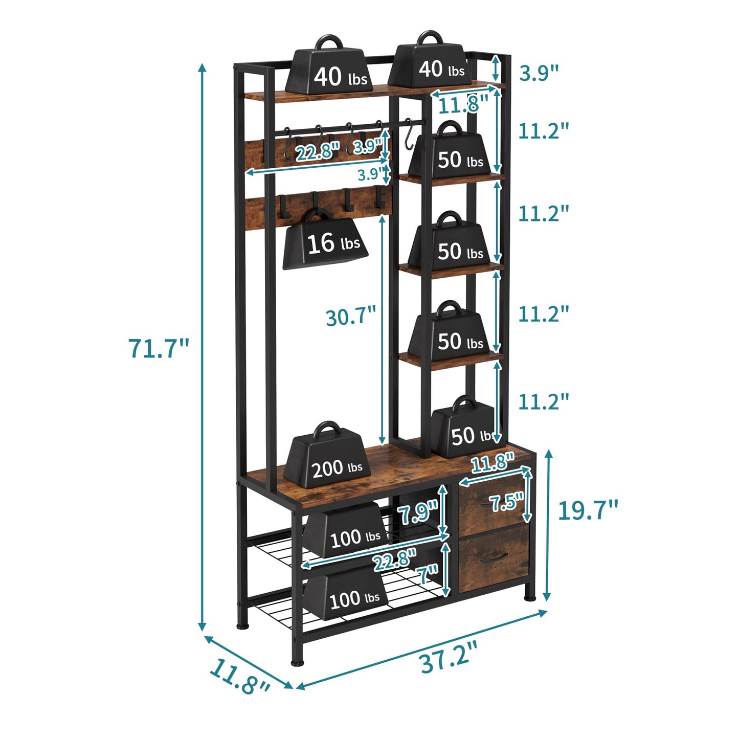 LUMTOK Hall Tree with Bench Storage and Shoes Storage, Hall Tree with Drawers and Shelves for Bedroom, 6-in-1 Entryway Organizer with Shelves, Living Room, Entryway, Closets (Rustic Brown)