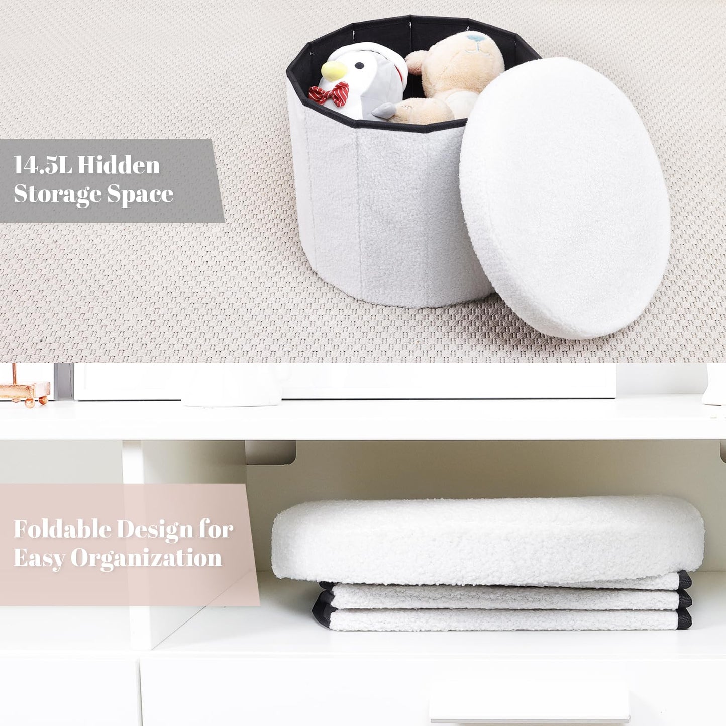 BoxedHome Dorm Room Storage - Round Cute Ottoman with Storage, Boucle Foot Stool Footrest for Lving Room, Support 220lbs, White 15"x 15" x12.6"