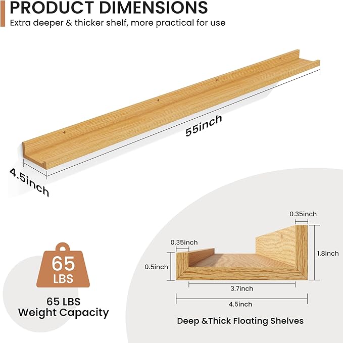 Fun Memories Picture Ledge Shelves Set of 2, 55 Inch Rustic Wall Mounted