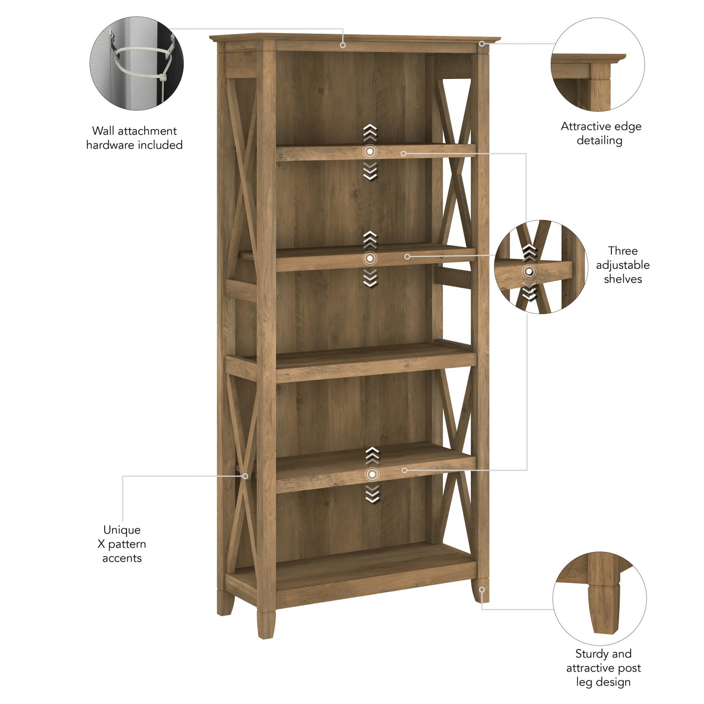 Bush Home Tall 5 Shelf Bookcase for Living Room or Home Office, Large Bookshelf, Modern Farmhouse Style, Key West Collection, Reclaimed Pine