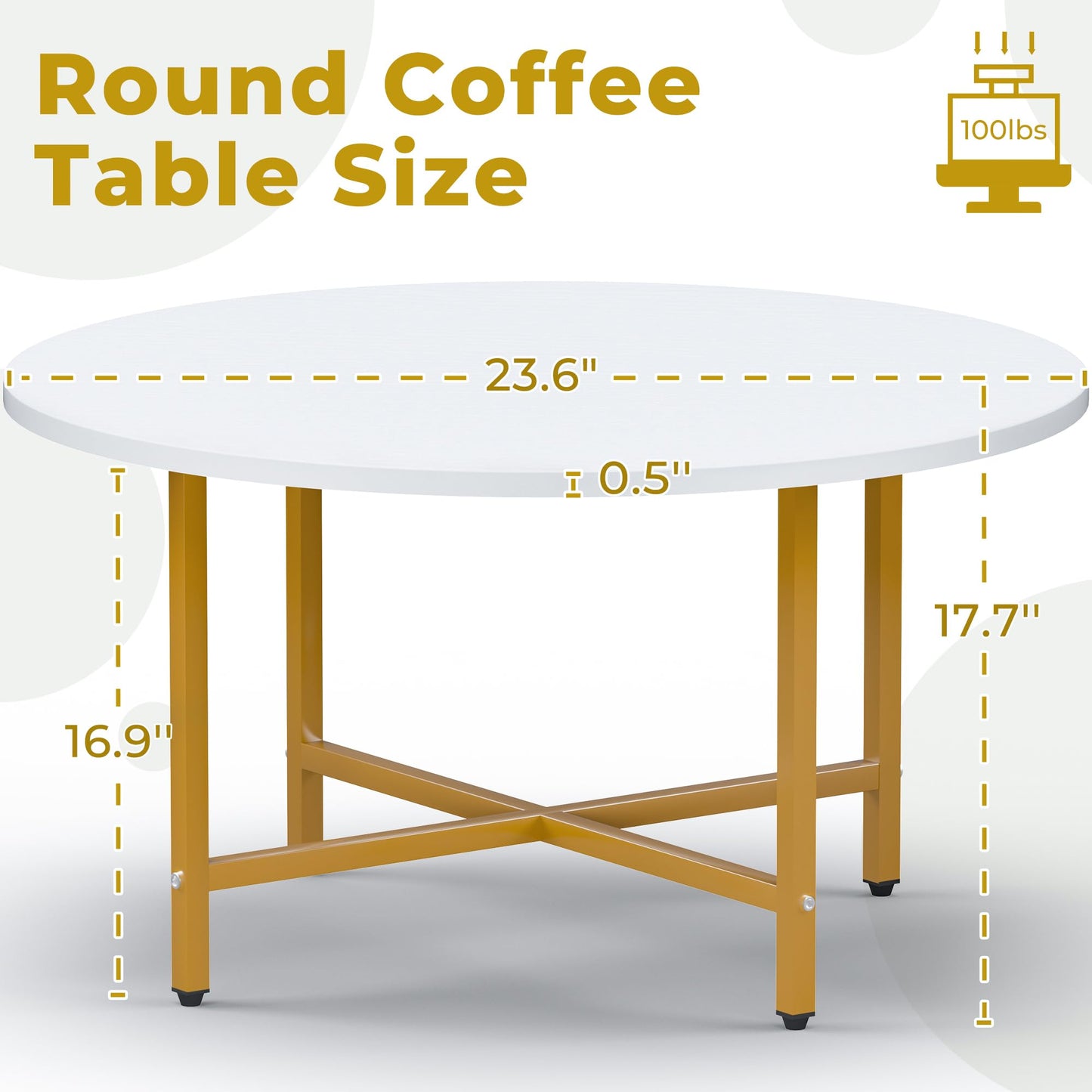 FAMIDGE Coffee Table, 23.6" Coffee Tables for Living Room, Round Coffee Table with Metal Frame, Floor Table for Sitting on The Floor, Home, Office, White & Gold Legs