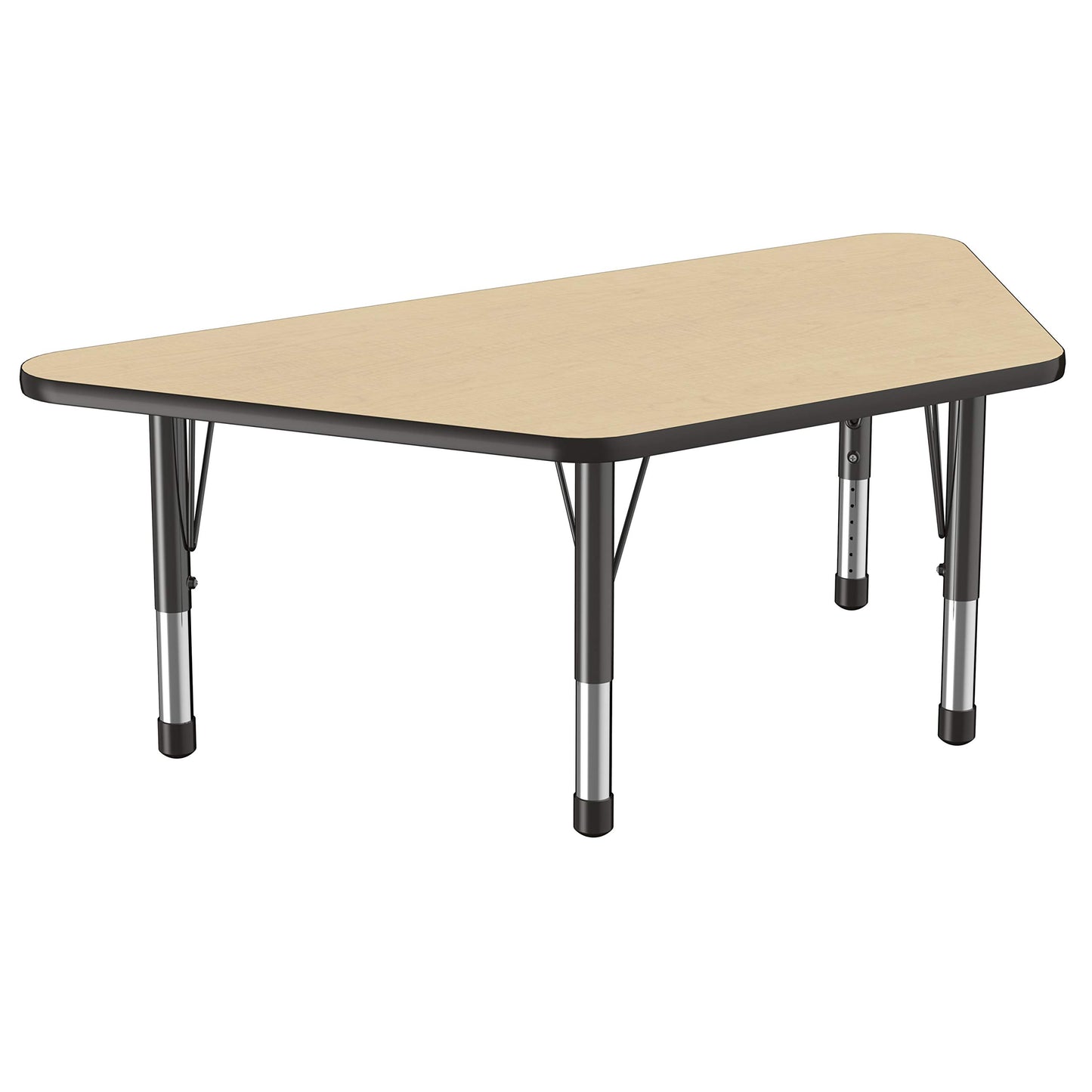 FDP Trapezoid Activity School and Classroom Kids Table (30 x 60 inch), Chunky Toddler Legs for Collaborative Seating Environments, Adjustable Height 15-24 inches - Maple Top and Black Edge