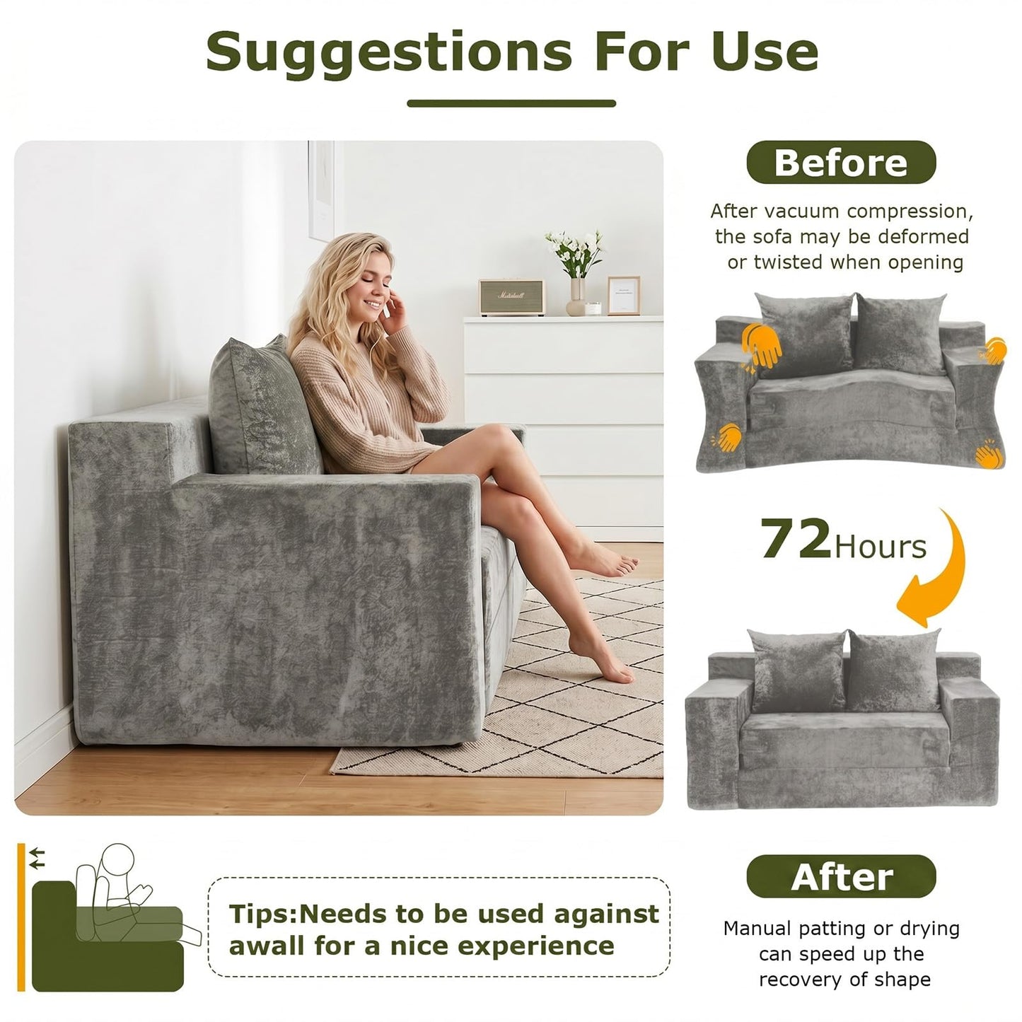 feliz home Boneless Loveseat Couches, Convertible Sofa Bed Folding Couch Bed, Boneless Chair Bed & Futon Sofa Bed, Small Pull Out Couch Foldable with 4 Pillows for Living Room, Light Grey