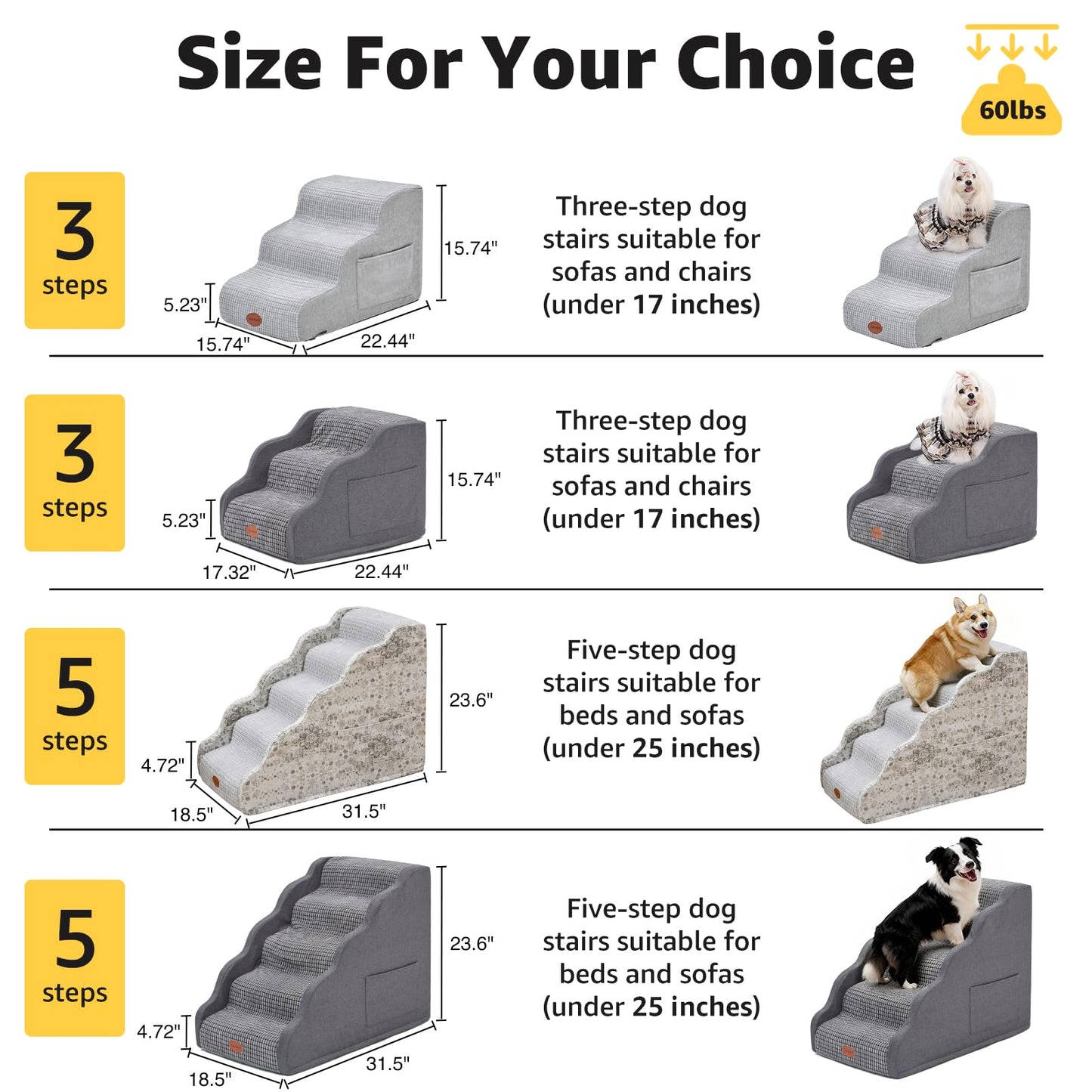 Woochpet Side Armrest Dog Stairs for High Beds Up to 26-30",5 Tier Wider Curved with Weighted Base Plate, Washable Cover Gentle Slope Steps, Bed & Couch Ladder for Small Medium Dogs & Senior Cat