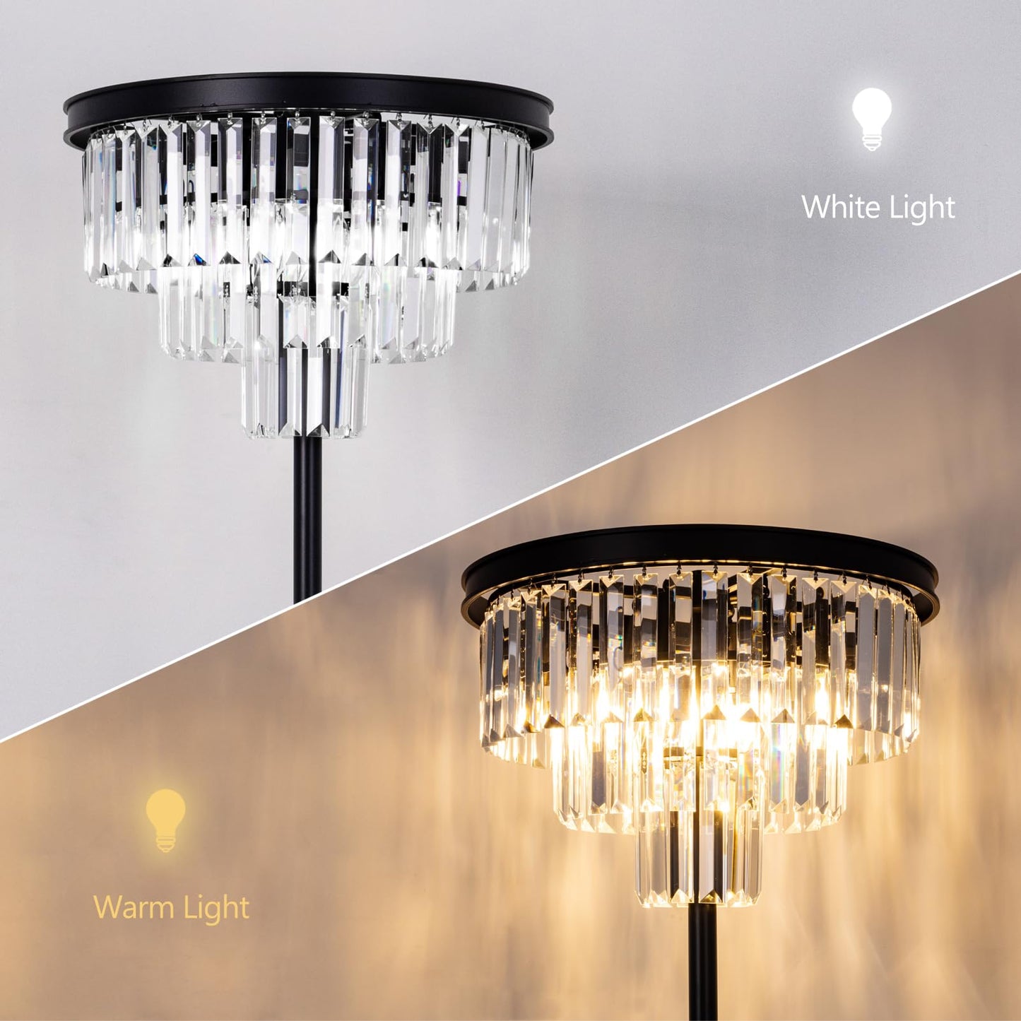 Wellmet Modern Crystal Floor Lamp, Black Tall Standing Living Room Lamp