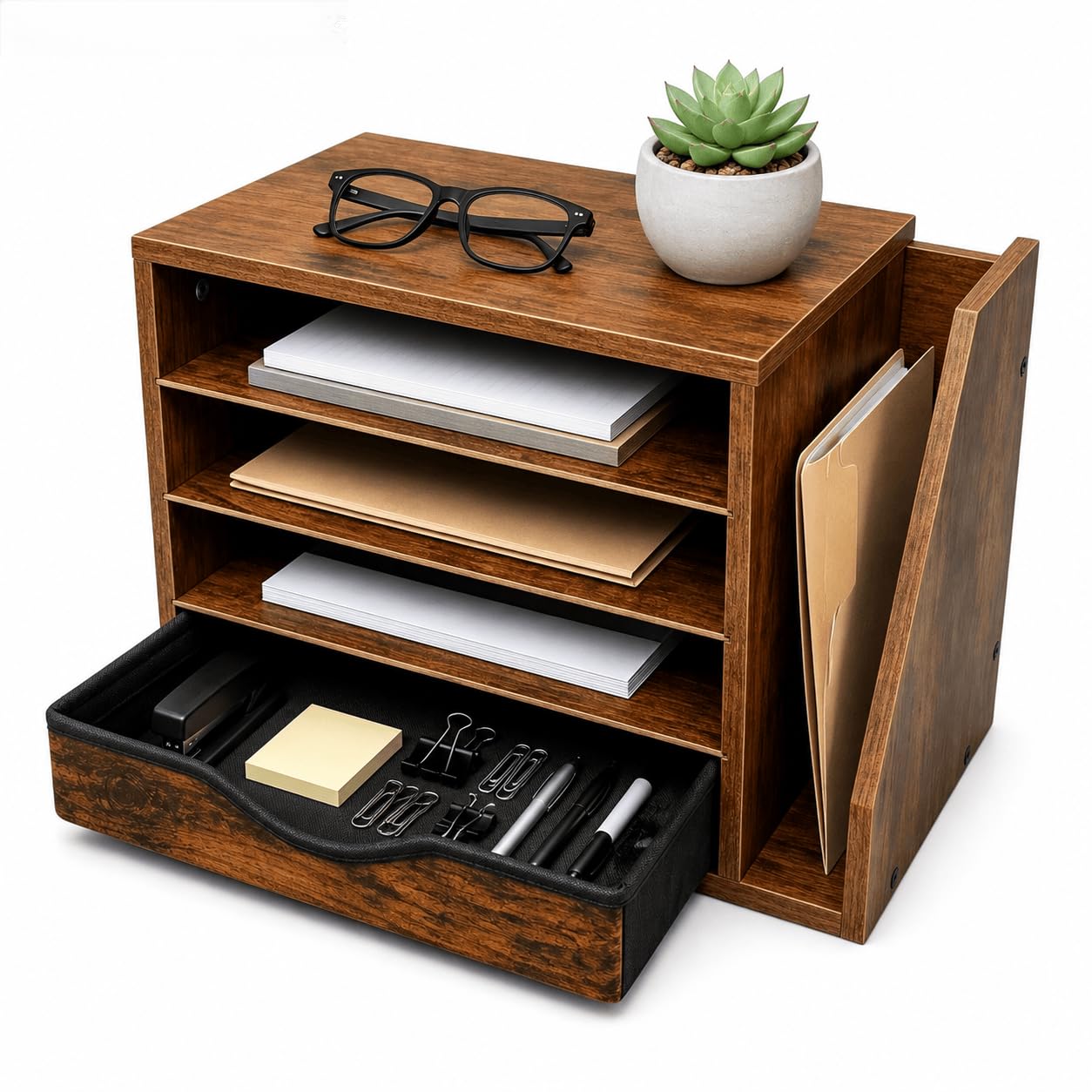 Gphudpzdl Wooden Desk Organizer with Drawers, 4 Tier Office Organizer and Accessories, Paper File Mail Organizer, Brown