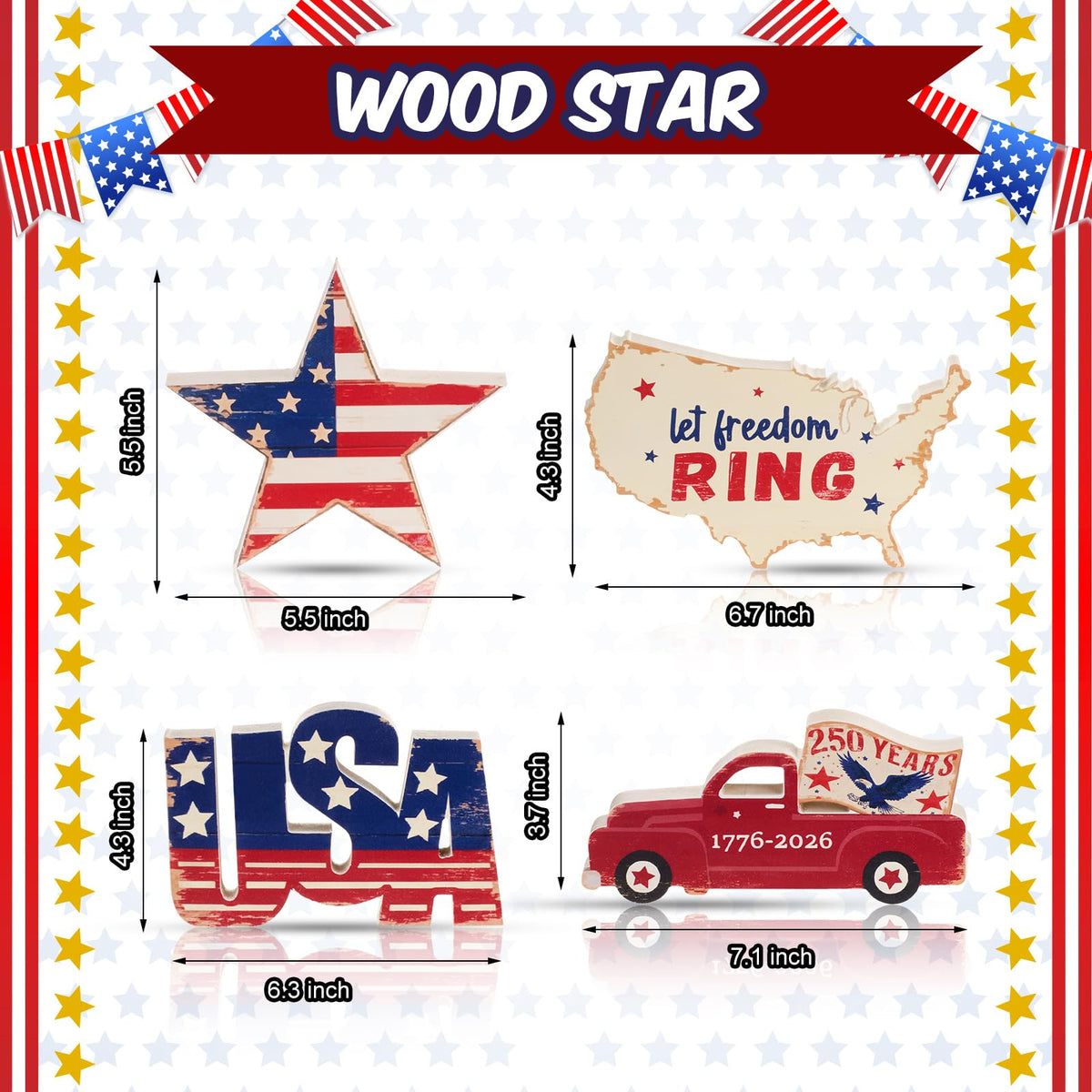 SiliFine 4 Pcs 250th Anniversary Table Decorations 4th of July Wooden Tabletop Centerpieces, Patriotic Star Car USA Tabletop Sign Red White Blue Table Topper for Independence Day