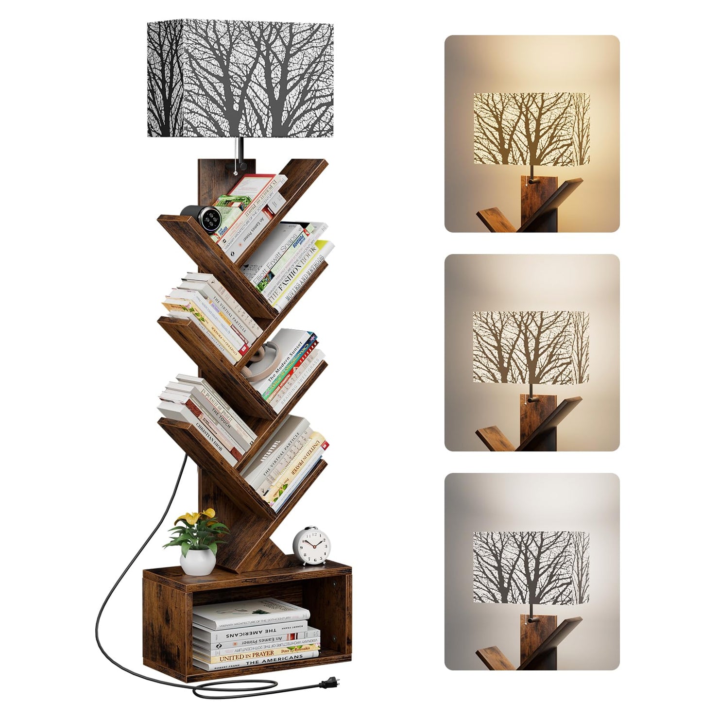 Evermagin Tree Bookshelf with Light, 6 Tier Small Bookcase, Narrow Floor Standing Book Tower Organizer with Storage Cabinet for Living Room, Bedroom and Home Office, Rustic Brown