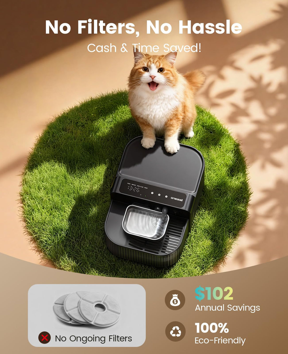 oneisall Wireless Filterless Cat Water Fountain, Separate Clean and Dirty Water Pet Fountain with Stainless Steel Bowl, 3.5L/118oz Quiet No Filter Smart FreshFill Automatic Cat Water Dispenser, Black