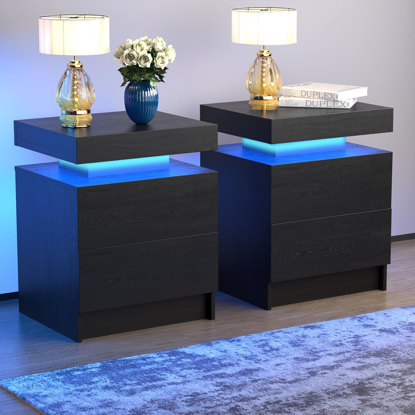 SMORBOSS LED Nightstands Set of 2, Modern Black Night Stand End Tables with APP & Remote Control LED Lighting, 2 Drawers, Open Shelf Storage, Bedside Tables for Bedroom and Living Room