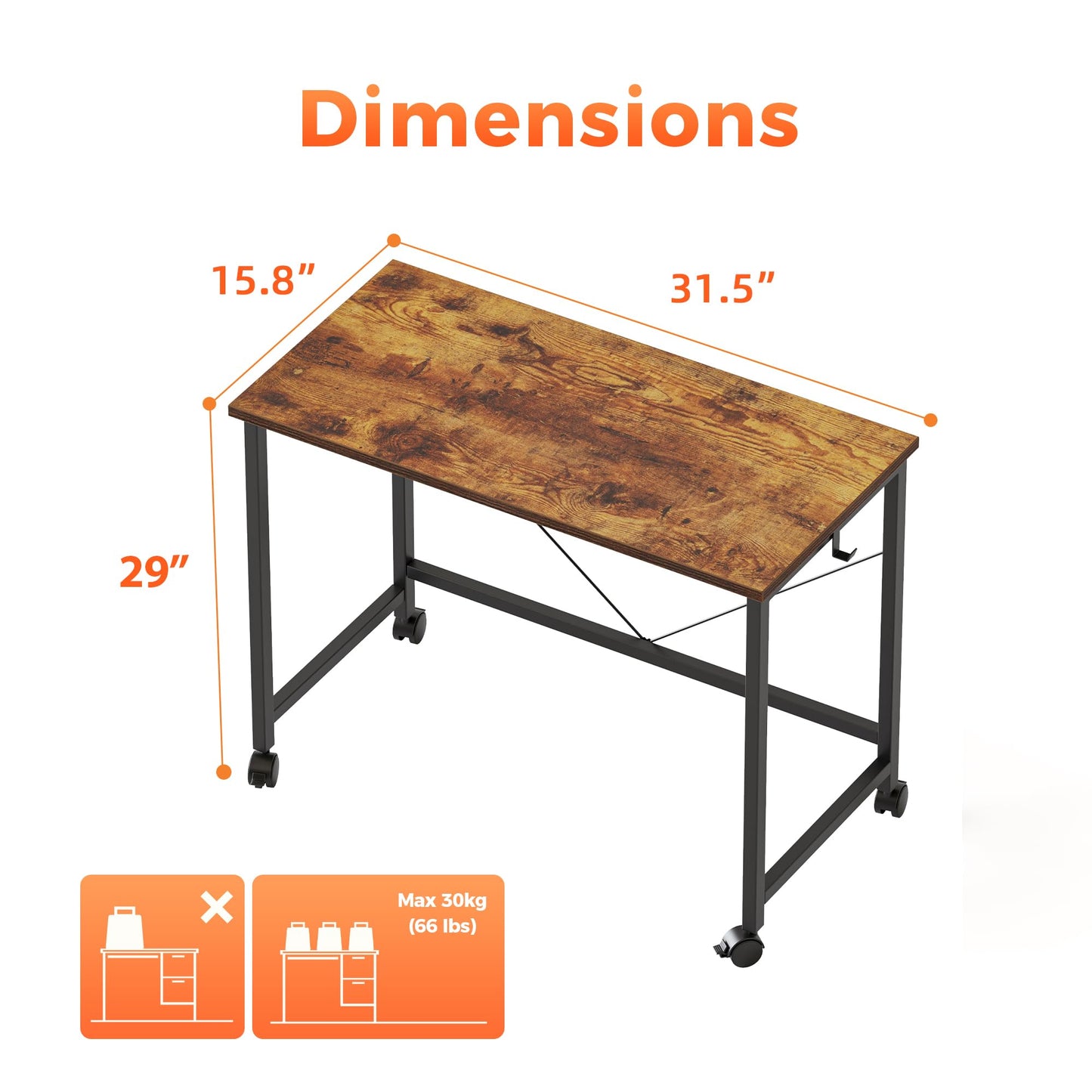 Mericonia 32 inch Rolling Computer Desk with Wheels, Gaming Desk for Small Spaces, Modern Simple Style Table for Home Office, Study Writing Table
