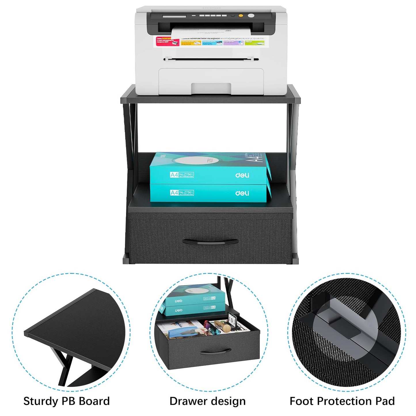 aboxoo Printer Stand for Desk with Storage Drawer, 2 Tier Desktop Or Under Desk Shelf, Multi-Purpose Desks Organizer for Home Office, fit Fax Machine/3D Printer/Scanner, Black