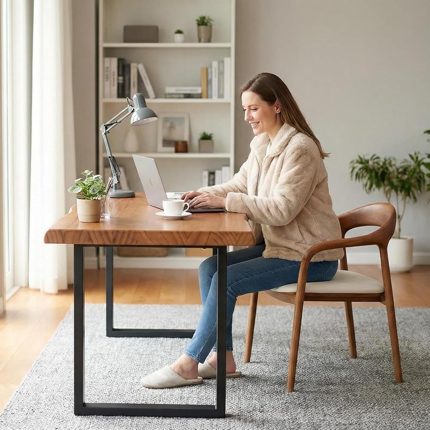 KunAndPeng Stylish Solid Wood Office Desk with Sturdy Metal Base - Durable Executive Computer Desk or Dining Table in Multiple Sizes - Perfect for Home Office and Work Environments (Tan62.99in)