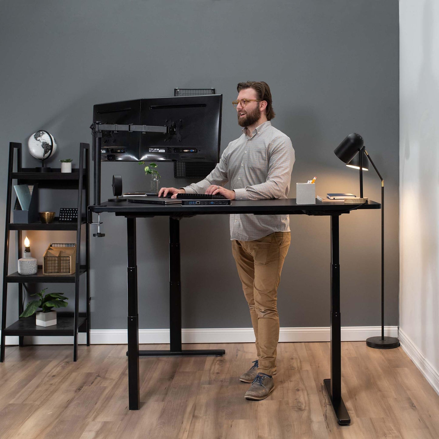 VIVO Electric Height Adjustable 67 x 60 inch Corner Stand Up Desk, 2 Light Wood Solid Table Tops, Black Frame, Memory Controller, L-Shaped Workstation, 3E Series, DESK-KIT-3E6BC