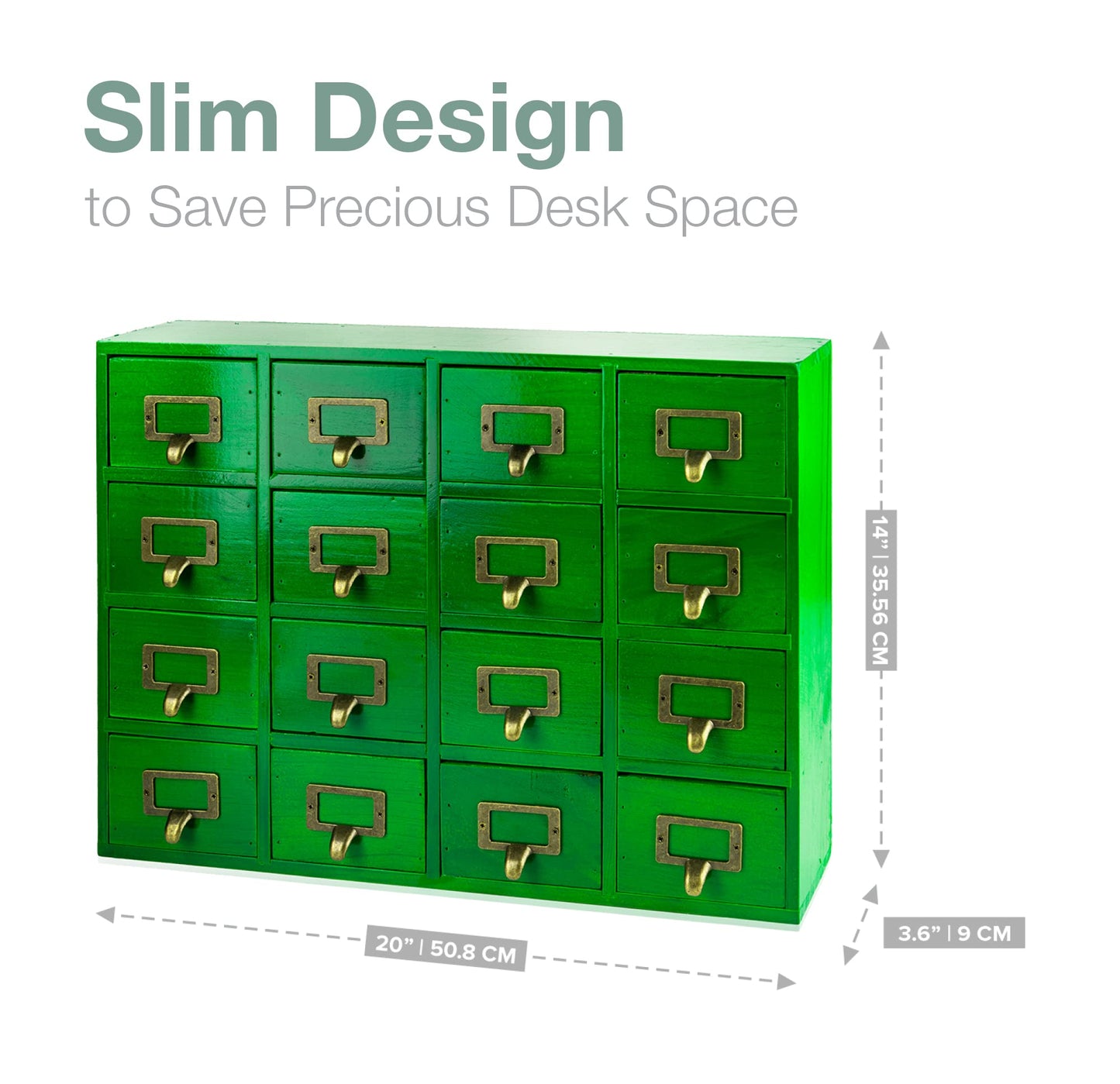Emerald Green Wood 16-Drawer Apothecary Small Cabinet - 20"x3.6”x14” Card Catalog Style Table Top Organizer - Wooden Storage Box w/16 Drawers - 4-Level Countertop Organizer w/Label Holders & Handles