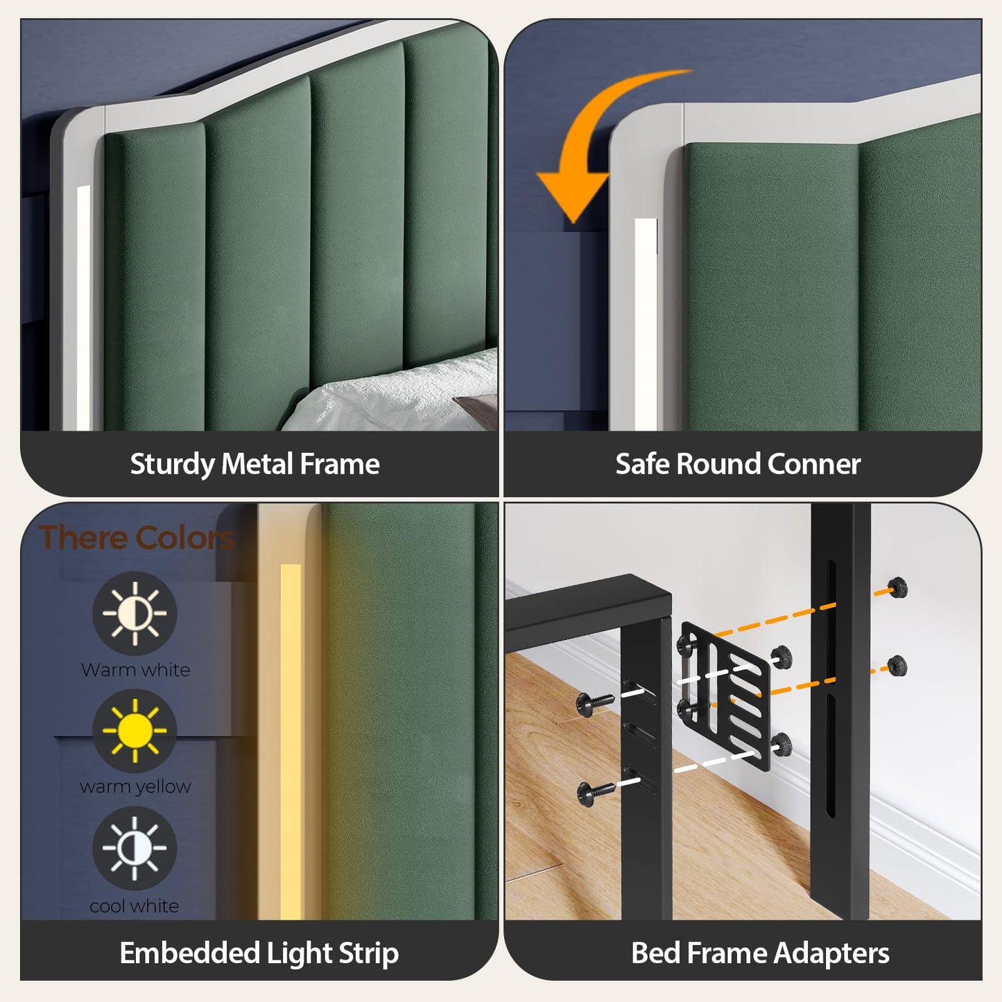 Salamir Headboard for Queen Size Bed with LED Lights, Upholstered Vertical Channel Tufting Head Boards, Velvet Headboard Only, Attach Frame, Ideal for Bedroom, Dorm, Guest Room, Green
