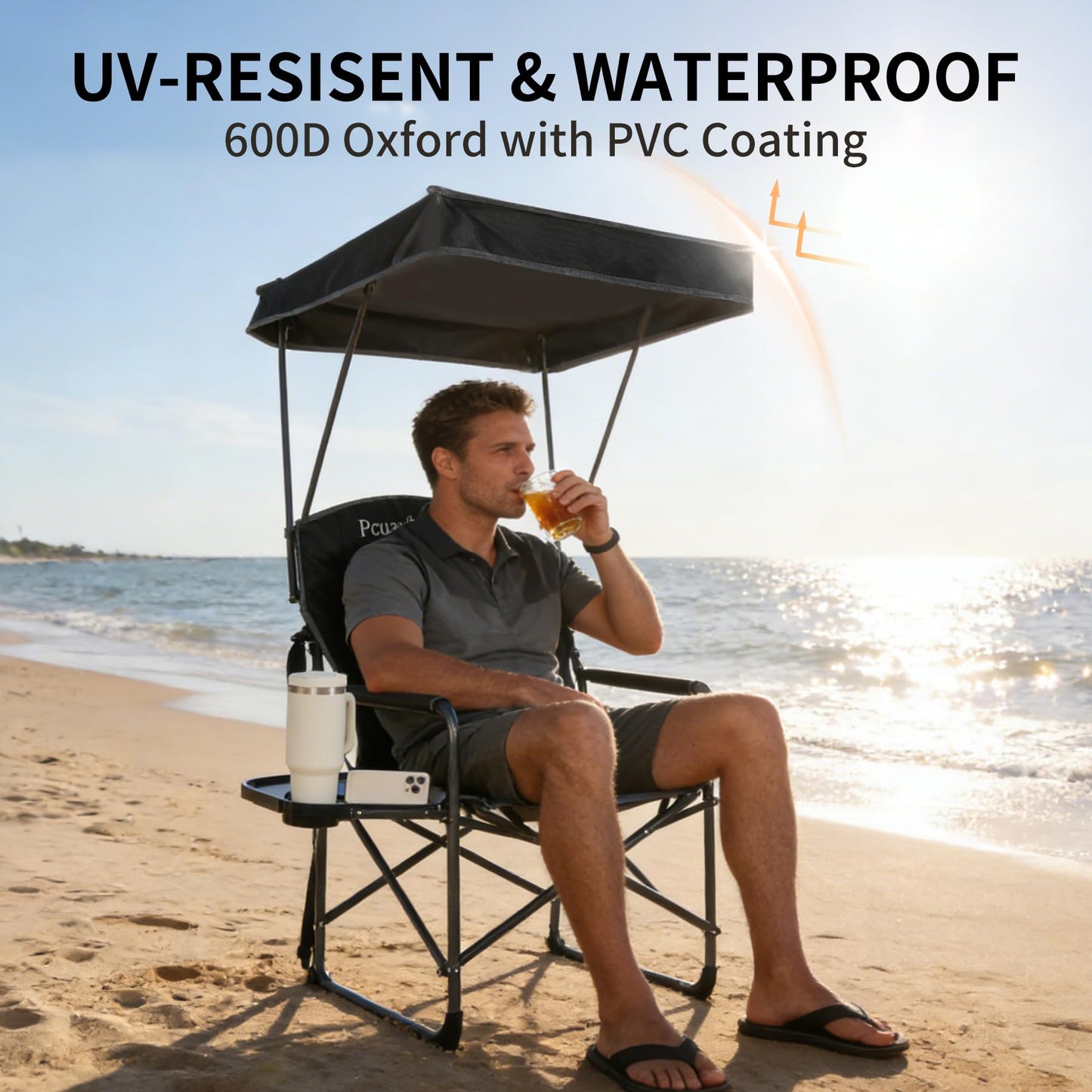 Oversized Camping Chairs with Canopy Foldable Directors Chair with Side Table & Pockets Portable Adults Heavy Duty Outdoor Folding Chairs for Lawn, Beach, Picnic, Sports and Fishing, Supports 500lbs