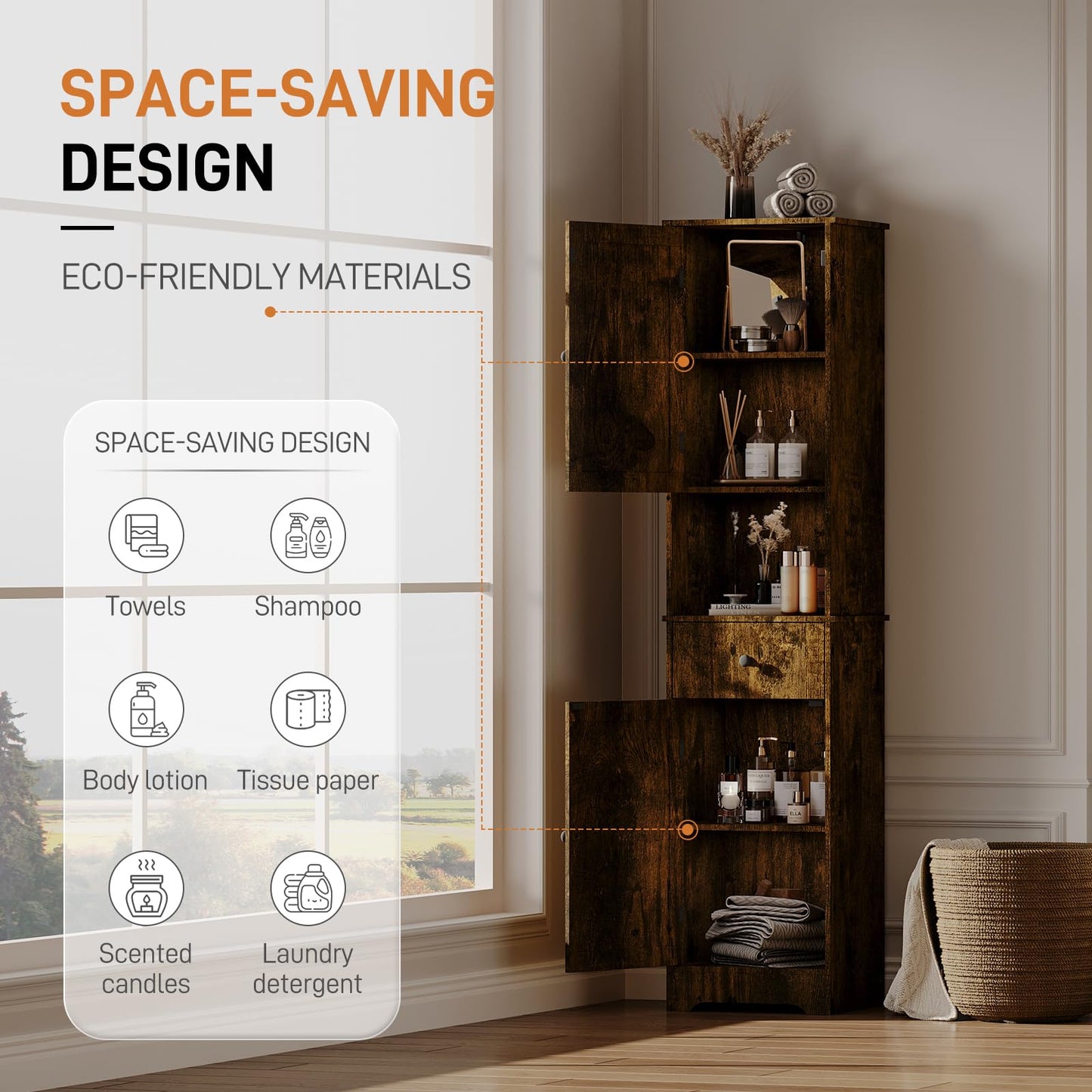 Viaozutis Tall Bathroom Cabinet, Storage Cabinet with 2 Doors & 2Drawer, with Ajustable Shelve, for Bathrooms, Kitchens,Entrances（Retro Color）