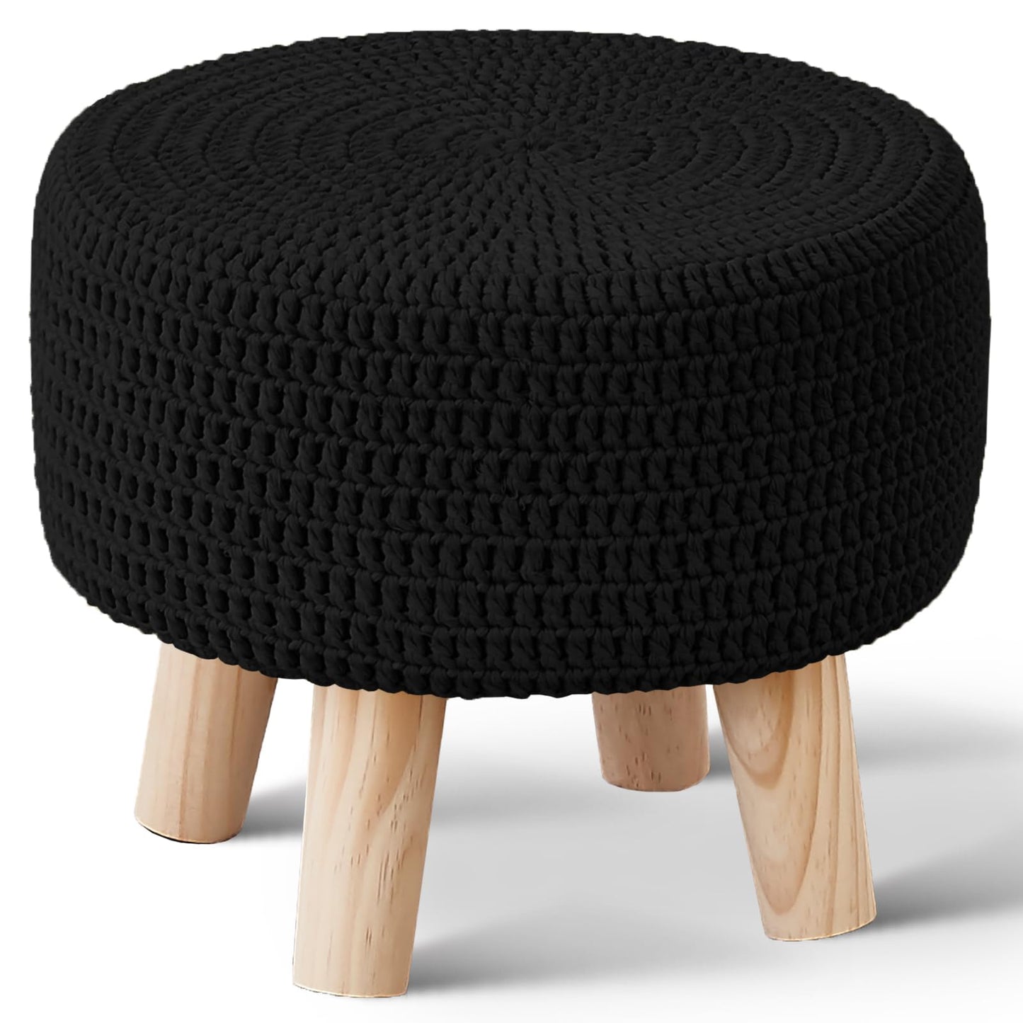 Wimarsbon Small Ottomans, 100% Hand Knitted Pouf Ottoman, Round Footrest with 4 Non-Skid Wood Legs, Boho Décor Cotton Rope Pouffe, Leisure Floor Step Chair for Living Room (Black)