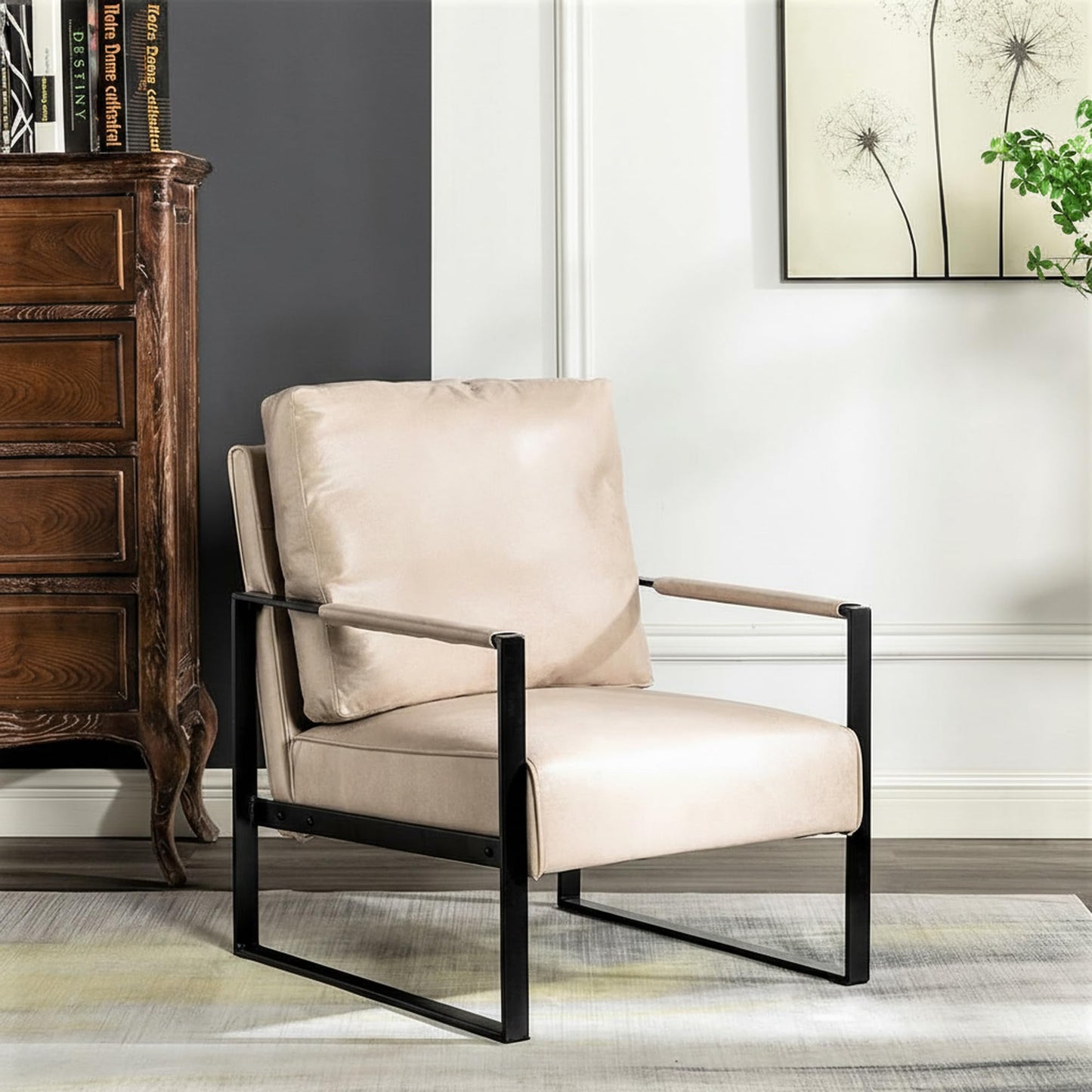 Container Furniture Classic Mid Century Modern Accent Chair with Durable Square Metal Frame, Armchair for Living Room, Bedroom, Home Office in Spotted Microfiber Upholstery, Light Camel