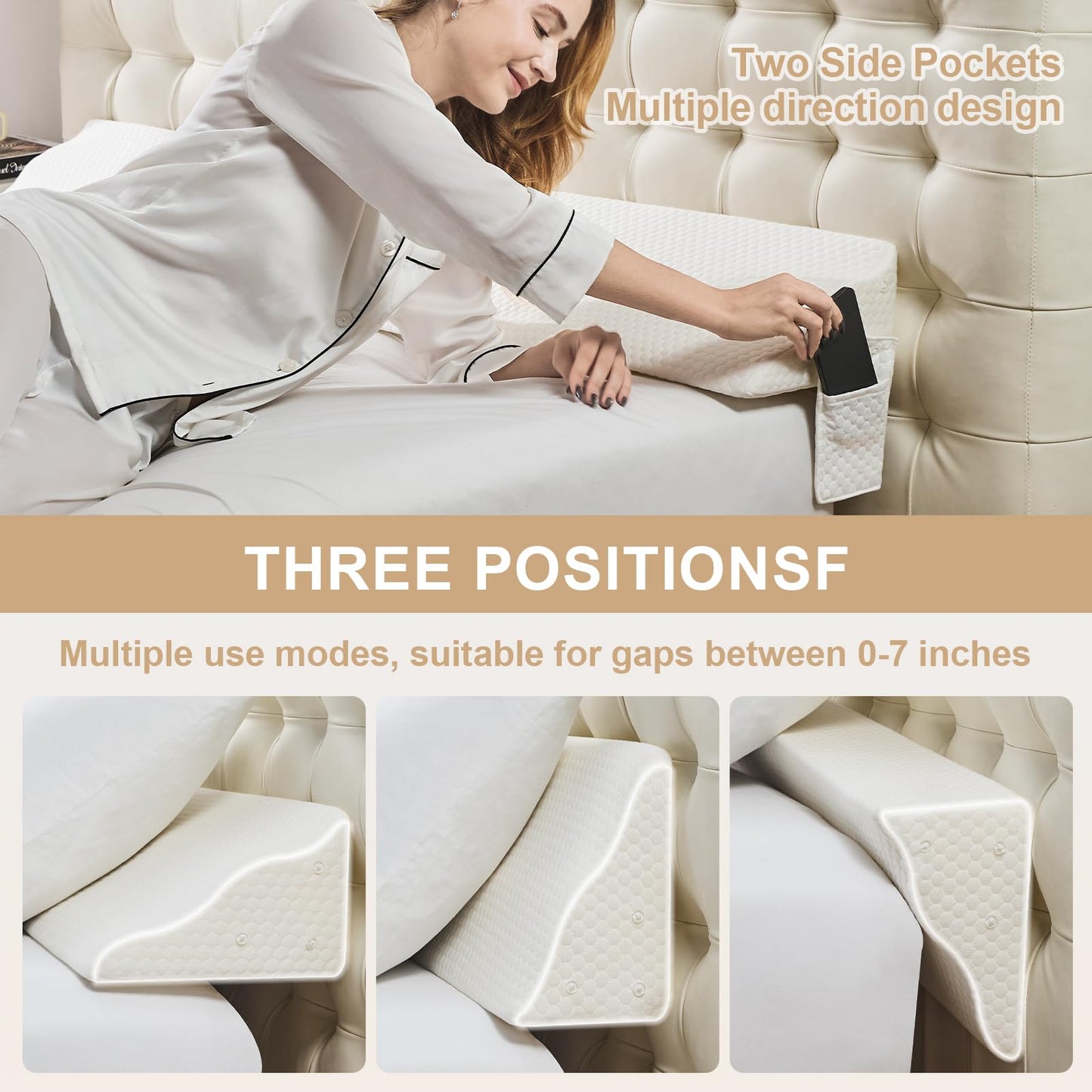 Yojoker Twin Size Bed Wedge Pillow for Headboard Gap, Wedge Pillow Headboard with Side Pockets and Wave Contour, High-Density Foam Bed Gap Filler (0-6"), 39x10x6 Inch, White