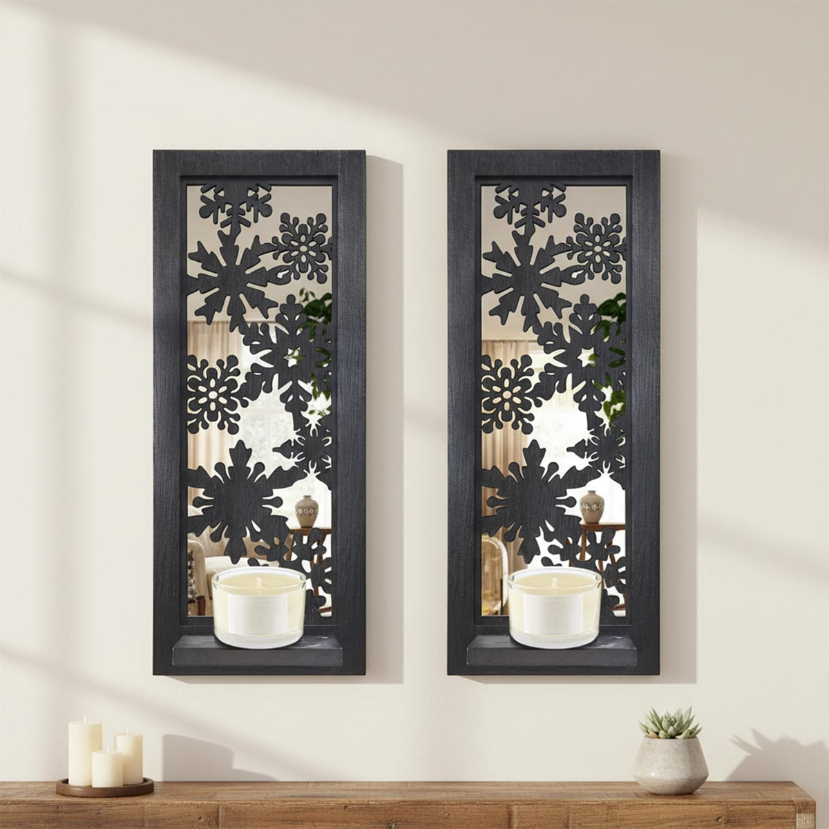ZEXUIRU 2 Set Rustic Candle Sconces Living Room Bedroom Entryway Wood Mirrored, Farmhouse, Carved Frame Wall-Mount Wooden Candle Holders Wall Decor Hanging Handmade Holder - Black