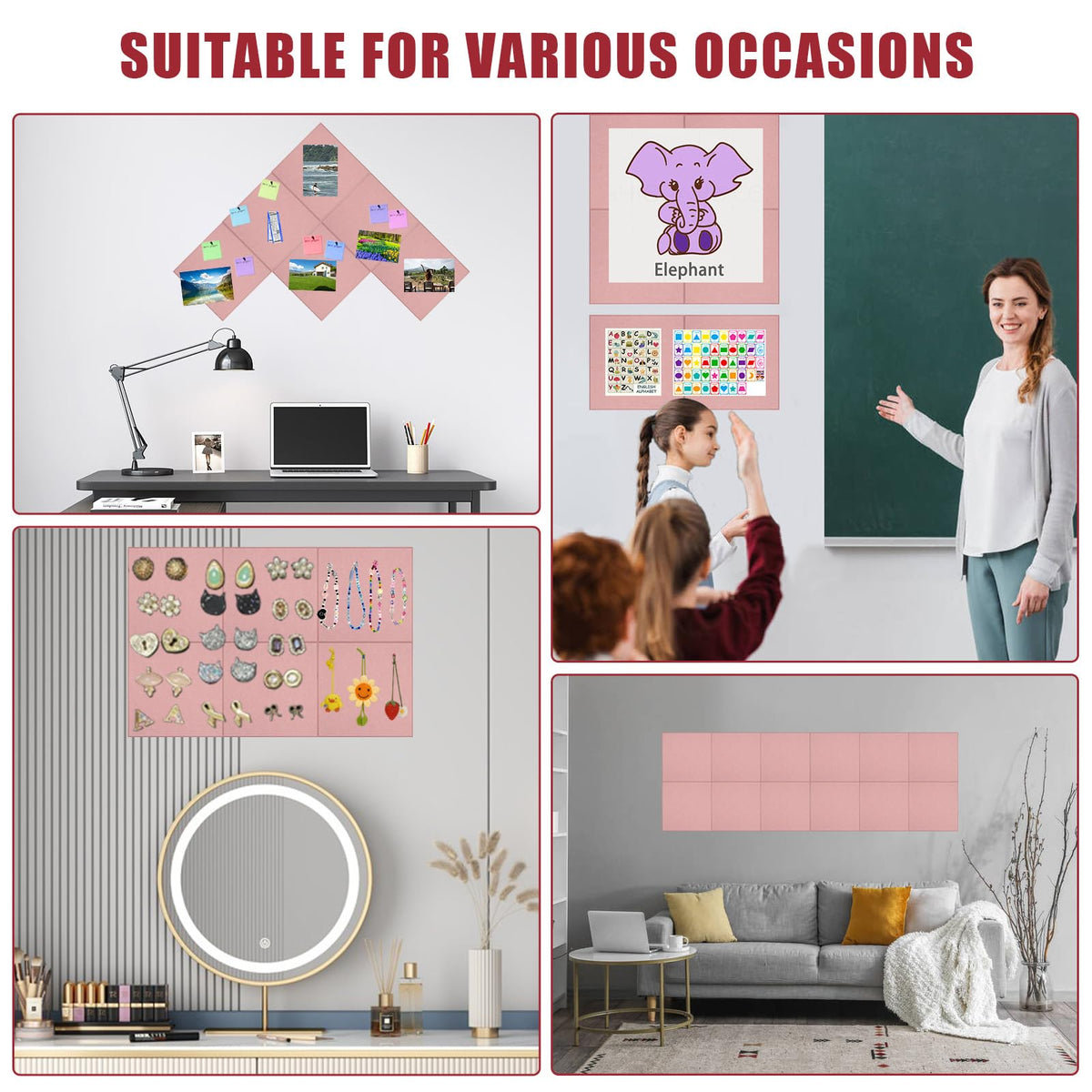 Large Cork Board Alternative 36" X 24" Bulletin Board - 6 Pack Removable Felt Wall Tiles with 30 pushpins, Large Cork Boards for Walls Cork Board for Office Pin Board Tack Board - Pink