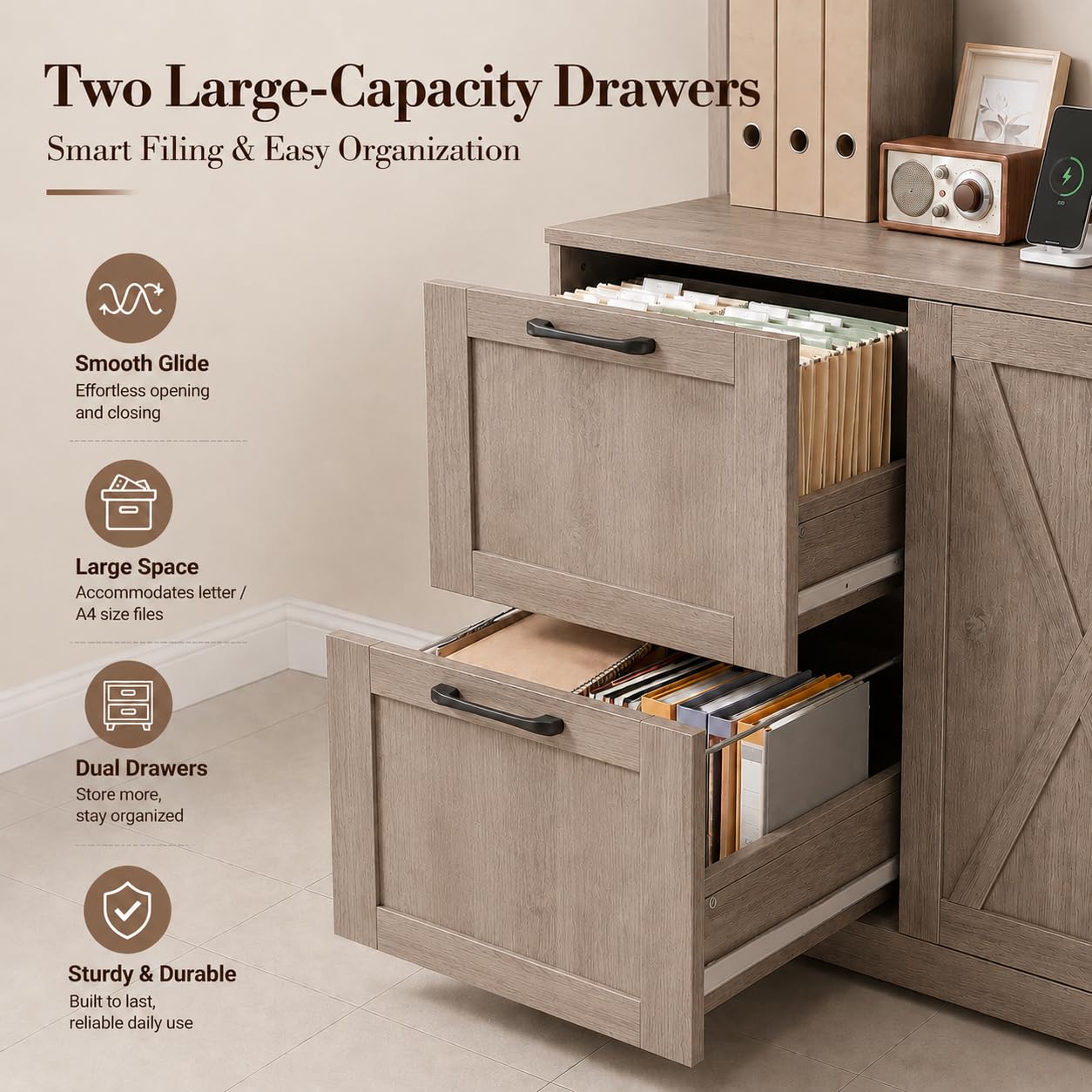 NORTHSKY 72'' Tall Bookshelf with Power Outlet, 2 Drawer File Cabinet for A4 Hanging Files, 3-Tier Open Shelves & Closed Storage Cabinets, Multifunctional Printer Stand - Greige