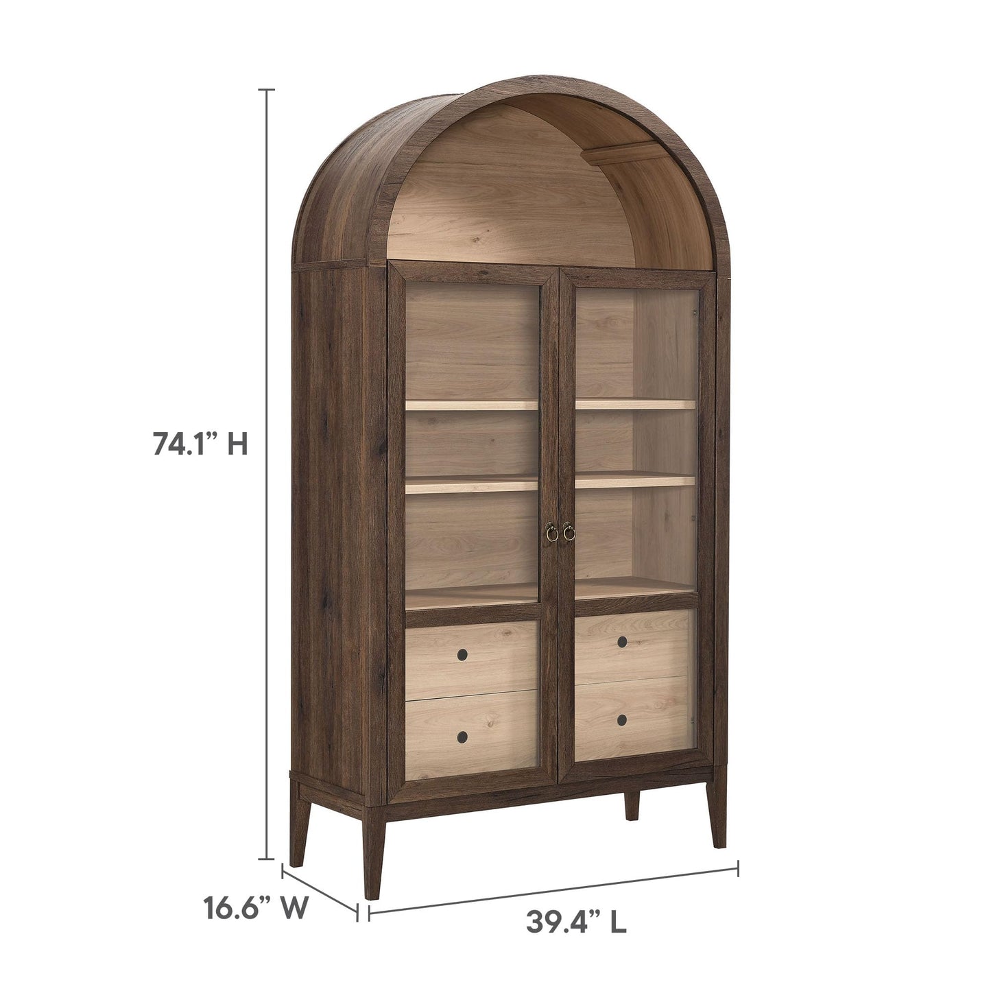 Modway Nolan Tall Arched Storage Display Cabinet in Walnut Light Oak - 74 Inch Arch Bookshelf with Glass Doors, Shelves and Drawers - Modern Accent Cabinet for Living Room, Dining Room