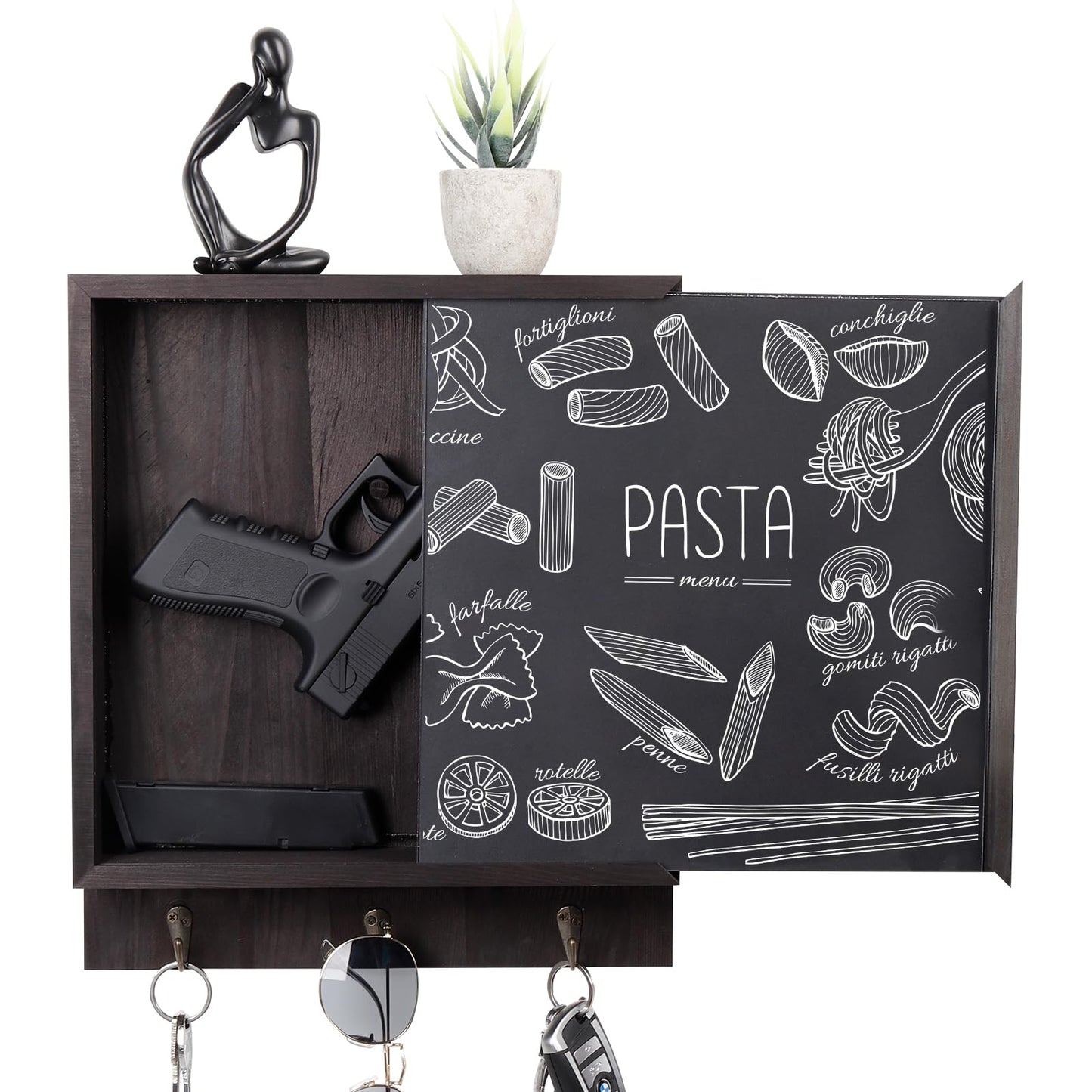 MOCAS Hidden Gun Storage, Hidden Wall Gun Safe Pistol Rack Shelf with 3 Hooks for Secret Decor Concealment Furniture, Art Storage Cabinet Wooden Storage Shelves Indoor Picture Frame(Black)