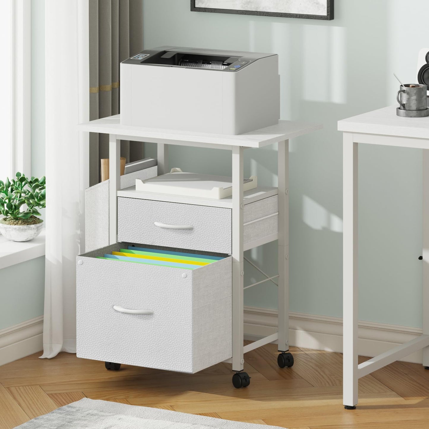 GYIIYUO 2 Drawer File Cabinet with 24'' Extended Desktop, Mobile Filing Cabinet, Rolling File Cabinet with Side Bag, Fabric Drawer, Fits A4/Letter Size, Printer Stand Home Office, White