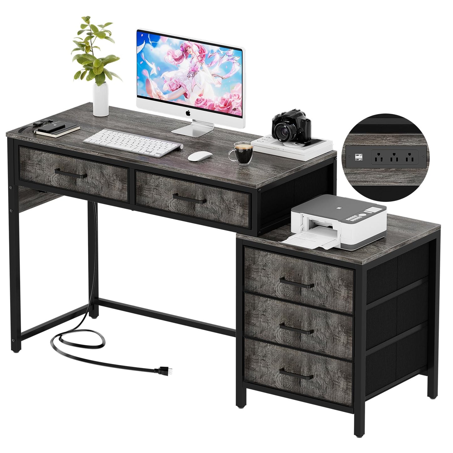 Unikito Computer Desk with 5 Drawers, Reversible Home Office Desk with Power Outlets, Sturdy Writing Desk with File Cabinet and Printer Stand, Vanity Desk with Storage for Small Space, Black Oak