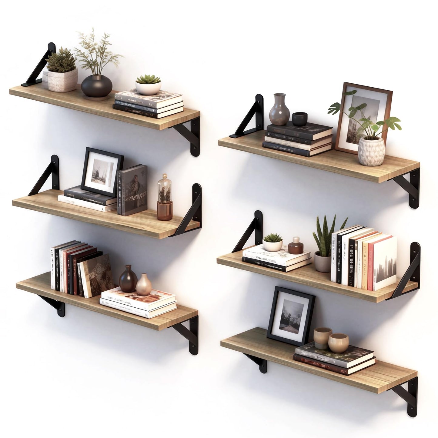 lonllidin Wall Mounted Floating Shelves Set of 6,Wood Floating Wall Shelf,Rustic Wood Storage Display Wall Shelves for Wall Home Decor,Bedroom,Bathroom,Living Room,Kitchens,Offices,Rustic Brown