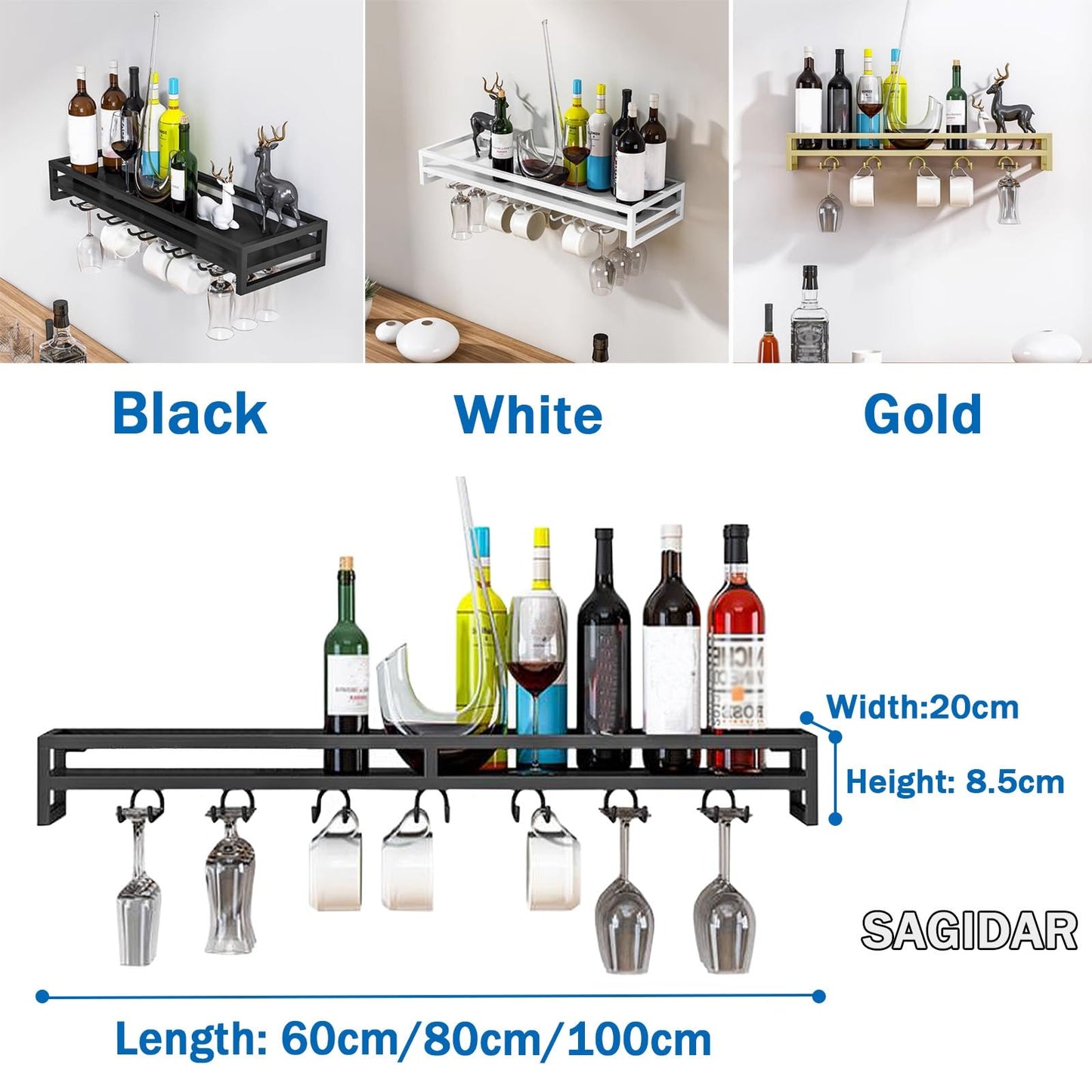 LWJQRSP Heavy-Duty Glass Wine Rack Support 60/80/100cm Hanging Wine Glass Holder Floating Wall Wine Storage Black/White/Gold Screw Installation High Load Capacity for Cafe Bar Restaurant