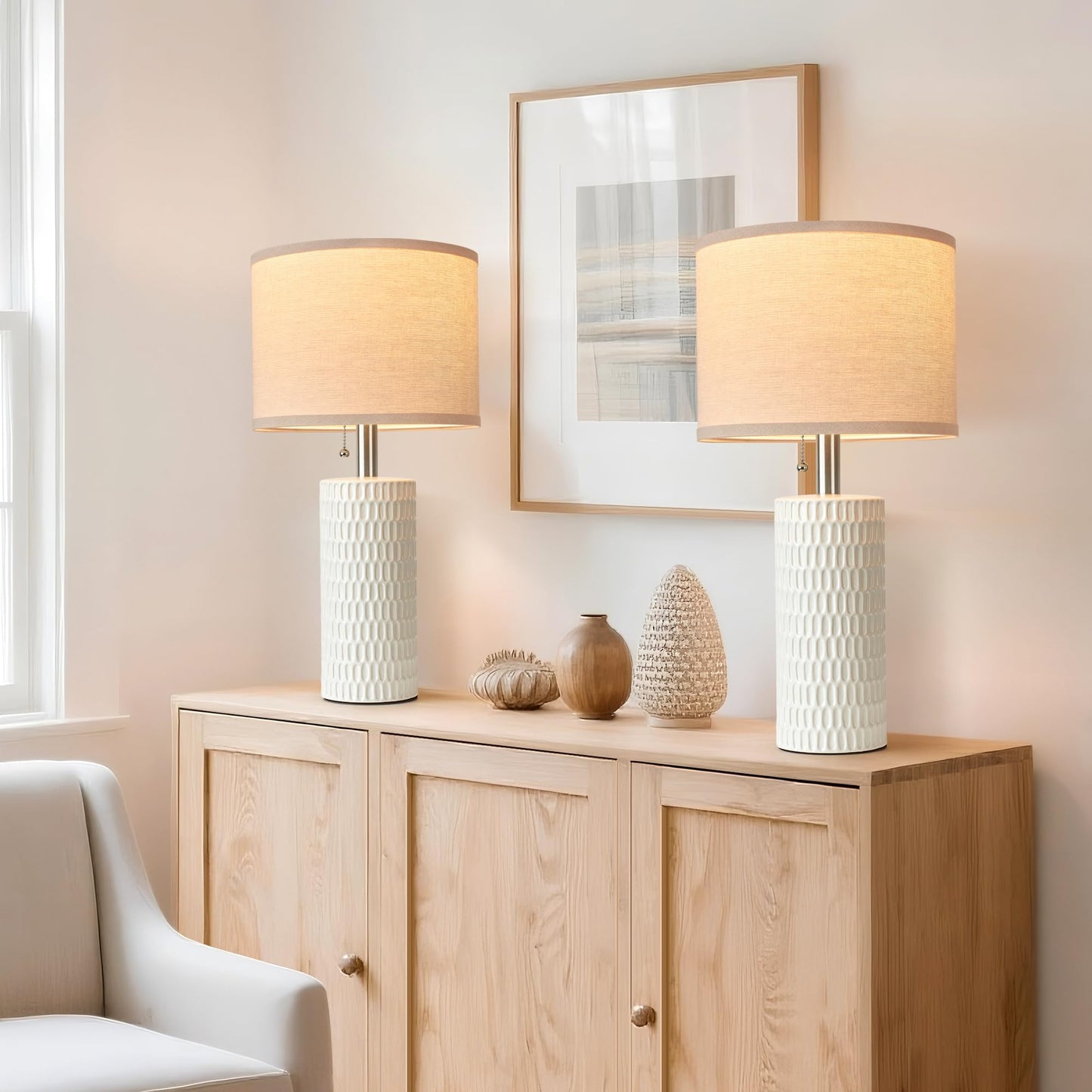 Reaketon 20.5" Modern Ceramic Table Lamps for Bedroom Set of 2, Bedside Lamps for Night Stands with Beige Lampshade, Farmhouse Table Lamp for Living Room Office Dorm, White