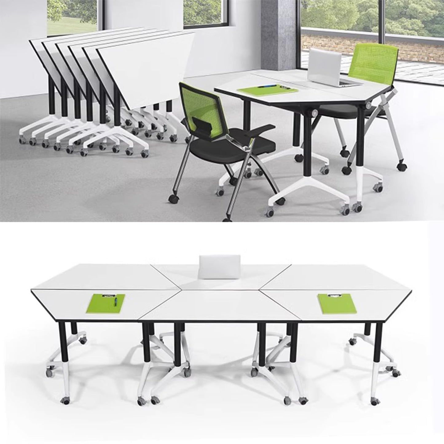 Conference Table, Meeting Table with Wheels, Trapezoidal Podcast Training Table, Polygonal Splicable Desk for Home Office, Studio, Business, Dining Room