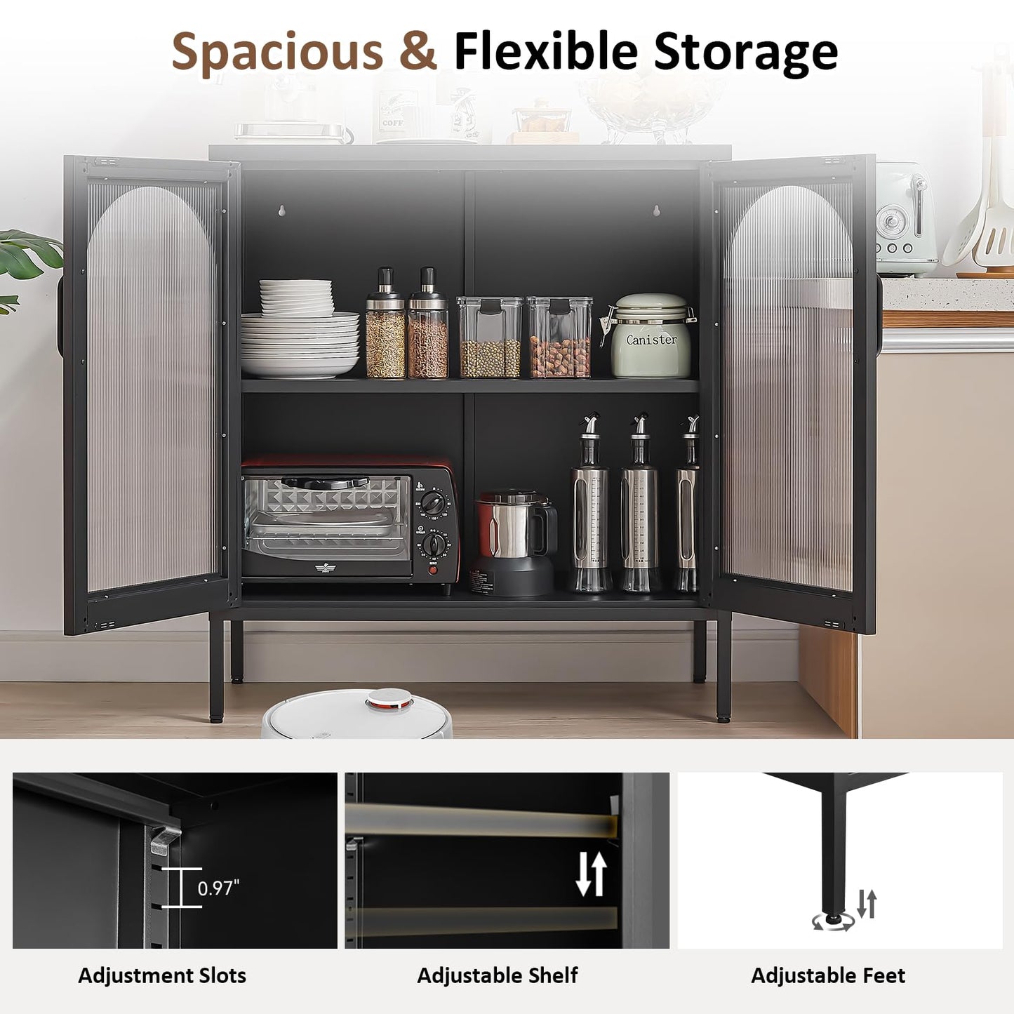 FURSTEL Buffet Cabinet, Modern Industrial Style Sideboard Buffet Cabinet, with Adjustable Shelves Credenza for Living Kitchen Dining Farmhouse, 15.8" L x 27.6" W x 35" H Black