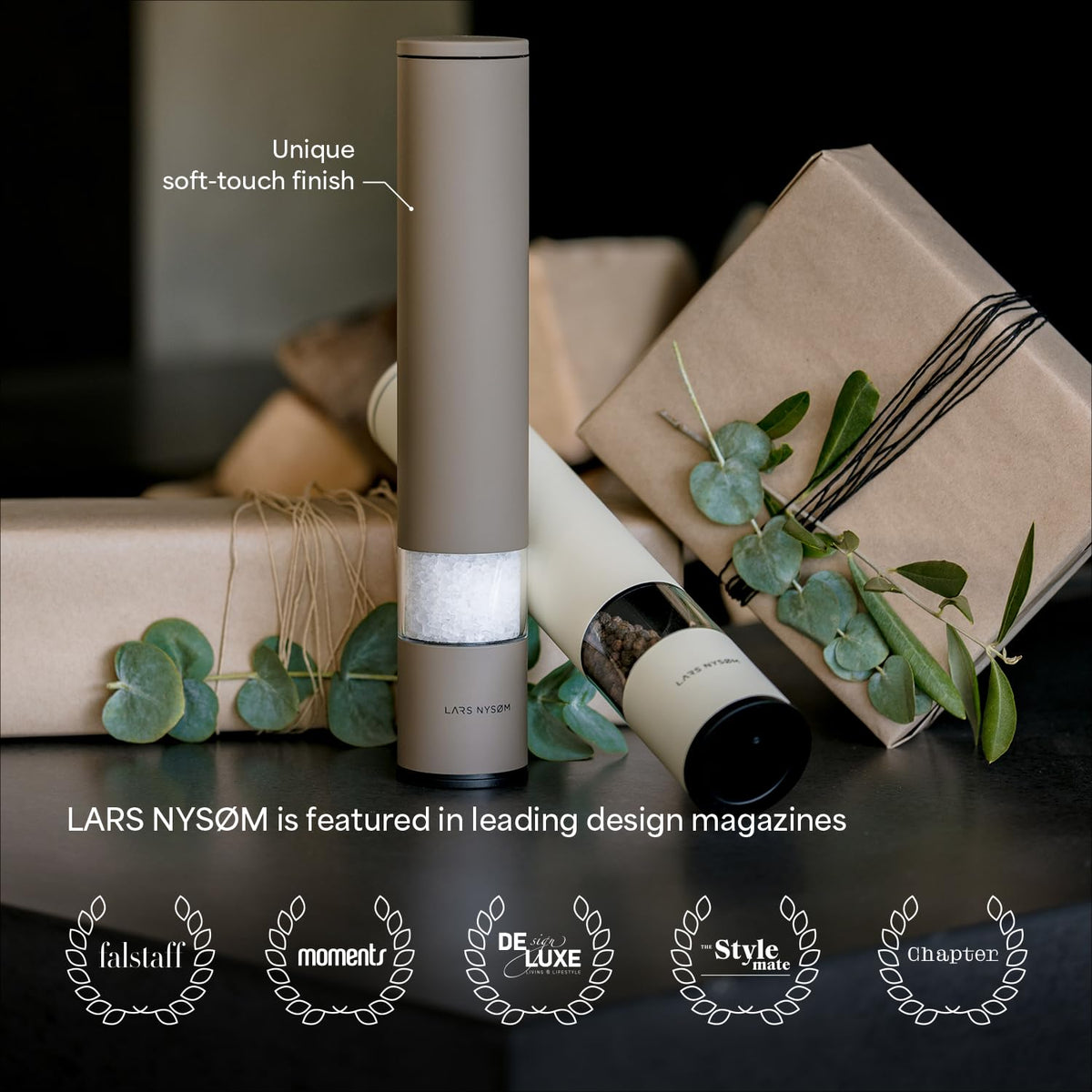 LARS NYSØM Salt Pepper Mill Manual with adjustable ceramic grinder from coarse to fine I Design Spice Mill (Carbon Black)