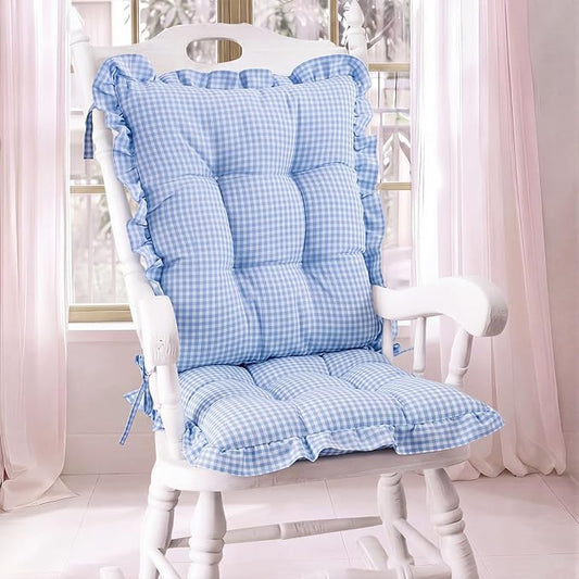 Lewtemi 2 Set Blue Gingham Rocking Chair Cushion Village Ruffled Rocking Chair