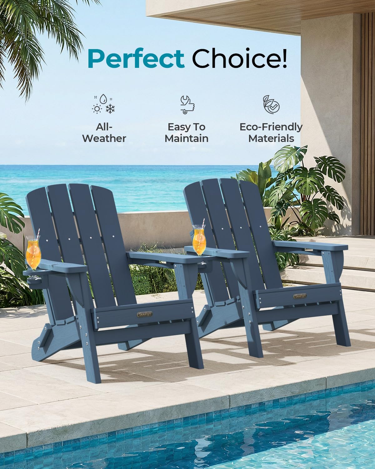 SUUNYN Folding Adirondack Chair, HDPE Adirondack Chairs with 2 Cup Holder, Plastic All-Weather Fire Pit Chairs, Outdoor Lawn Chair for Patio Garden (Navy Blue)