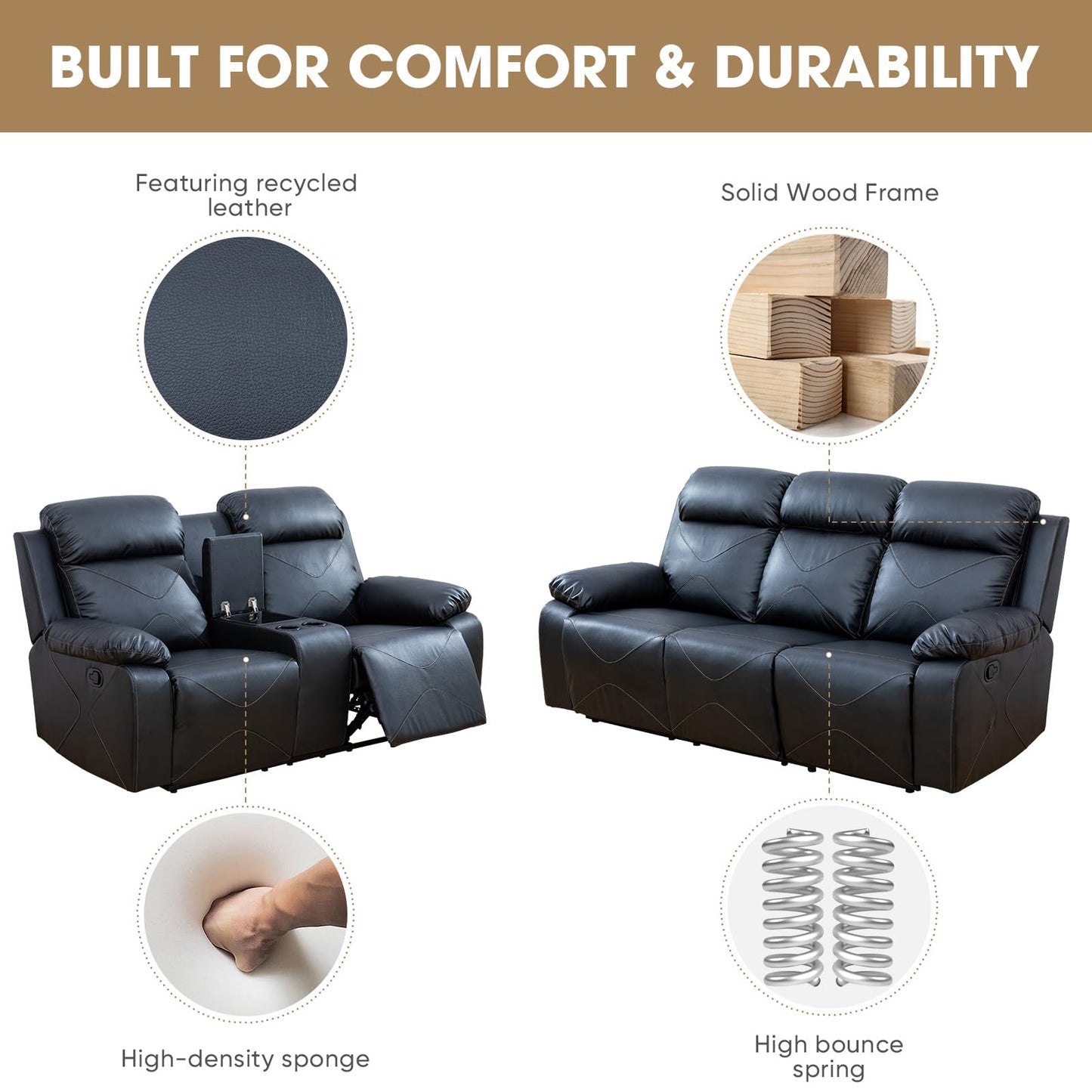 SIMPCHIC Power Recliner Sofa Set, Top Leather 3-Piece Sectional Couch Living Room Furniture Set for Home, Office and Apartment (Black)