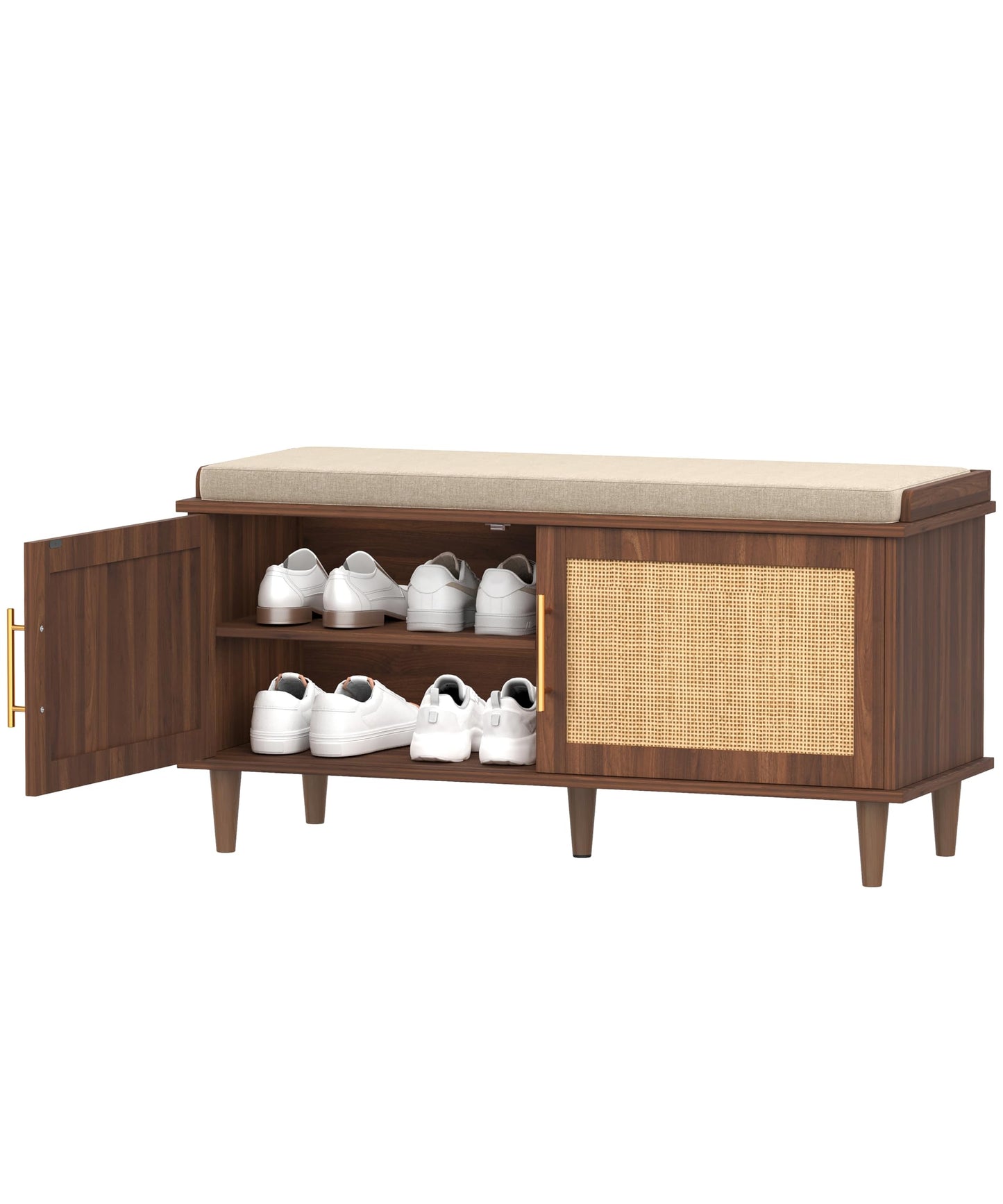 Akxomel Rattan Shoe Storage Bench with Cushion, 2-Tier Entryway Bench with Adjustable Shelves and 2 Doors, 15" D x 39.4" W x 20" H, Solid Wood Legs, for Hallway, Living Room, Bedroom, Walnut