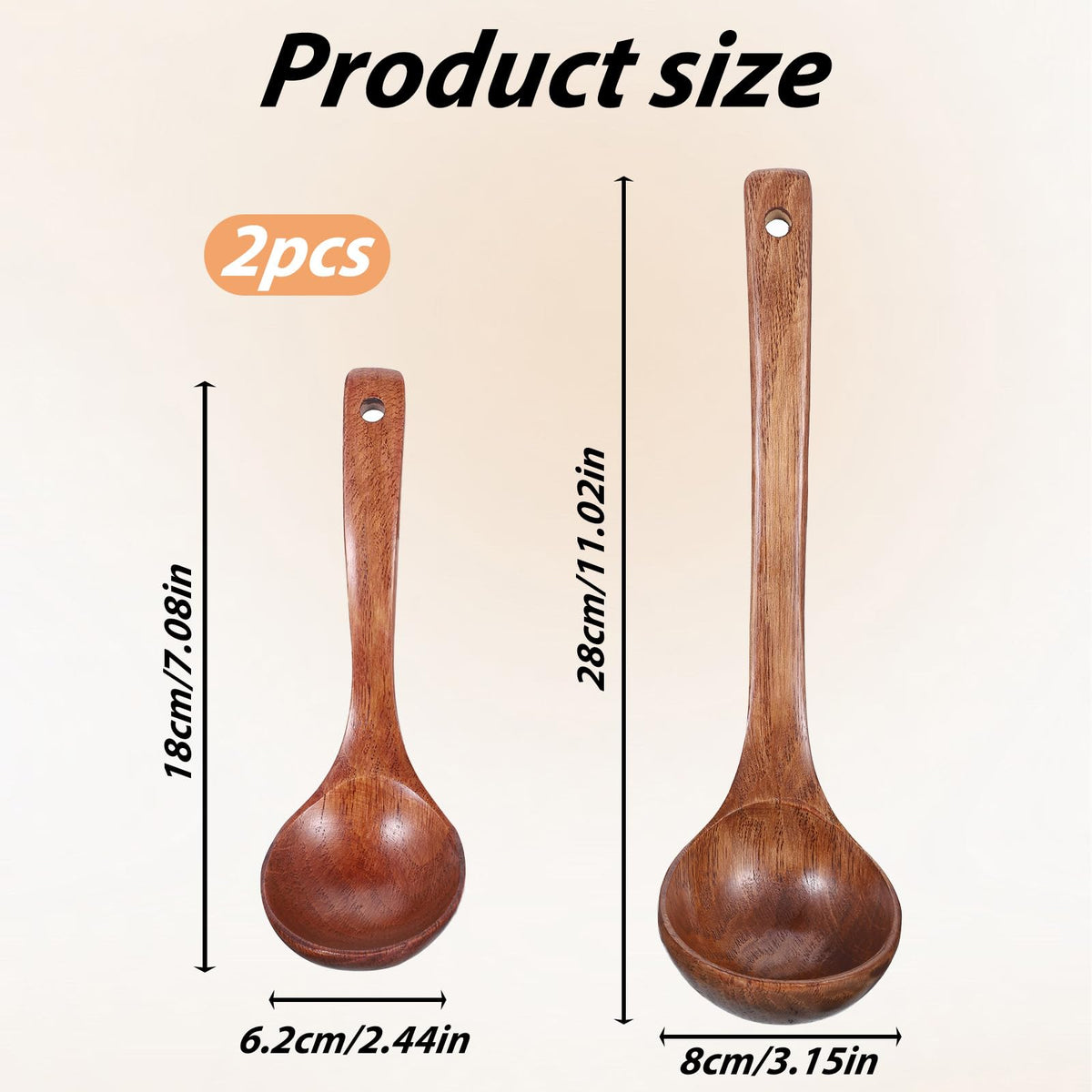 Wooden Ladle for Soup, Set of 2 Wooden Spoons for for Deep Pot, Non-Stick Wooden Spoons for Cooking & Serving, Natural Wood Sauces Porridge Soup Flatware with Long Straight Handle