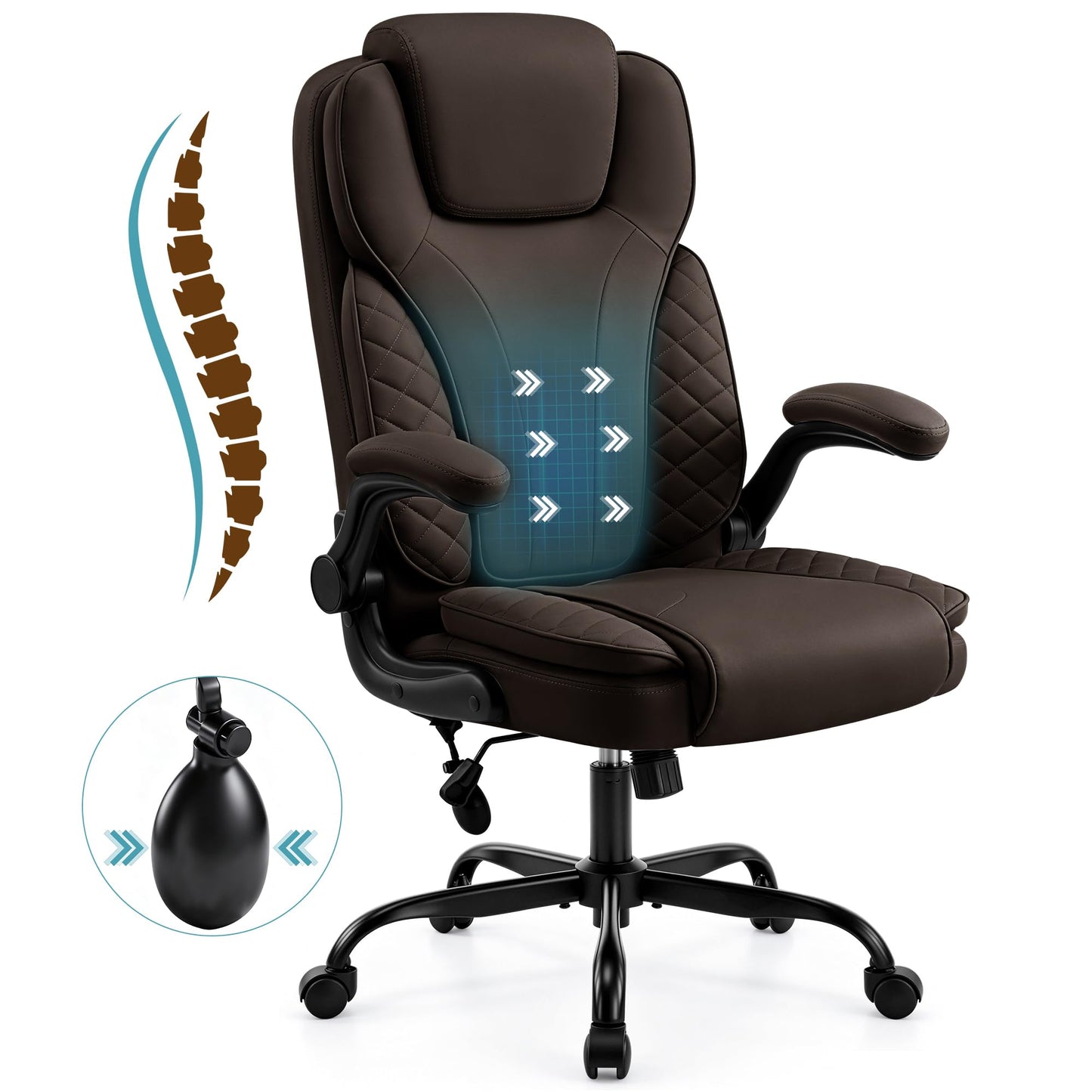 Hayelf Ergonomic Office Chair, PU Leather High Back Executive Chair with Adjustable Inflatable Lumbar Support and Padded Flip-Up Arms, Recline Swivel Task Computer Chair for Home Office, Dark Brown